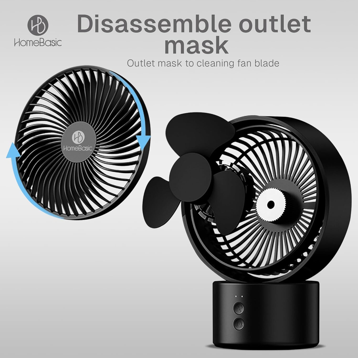 Image of HOMEBASIC Rechargeable USB Desk Fan, 5 Speeds, 2600mAh Battery, 120 Auto Rotation Brushless Motor, Ultra Quiet, Type-C Charging, for Home, Office, Travel USB Fan