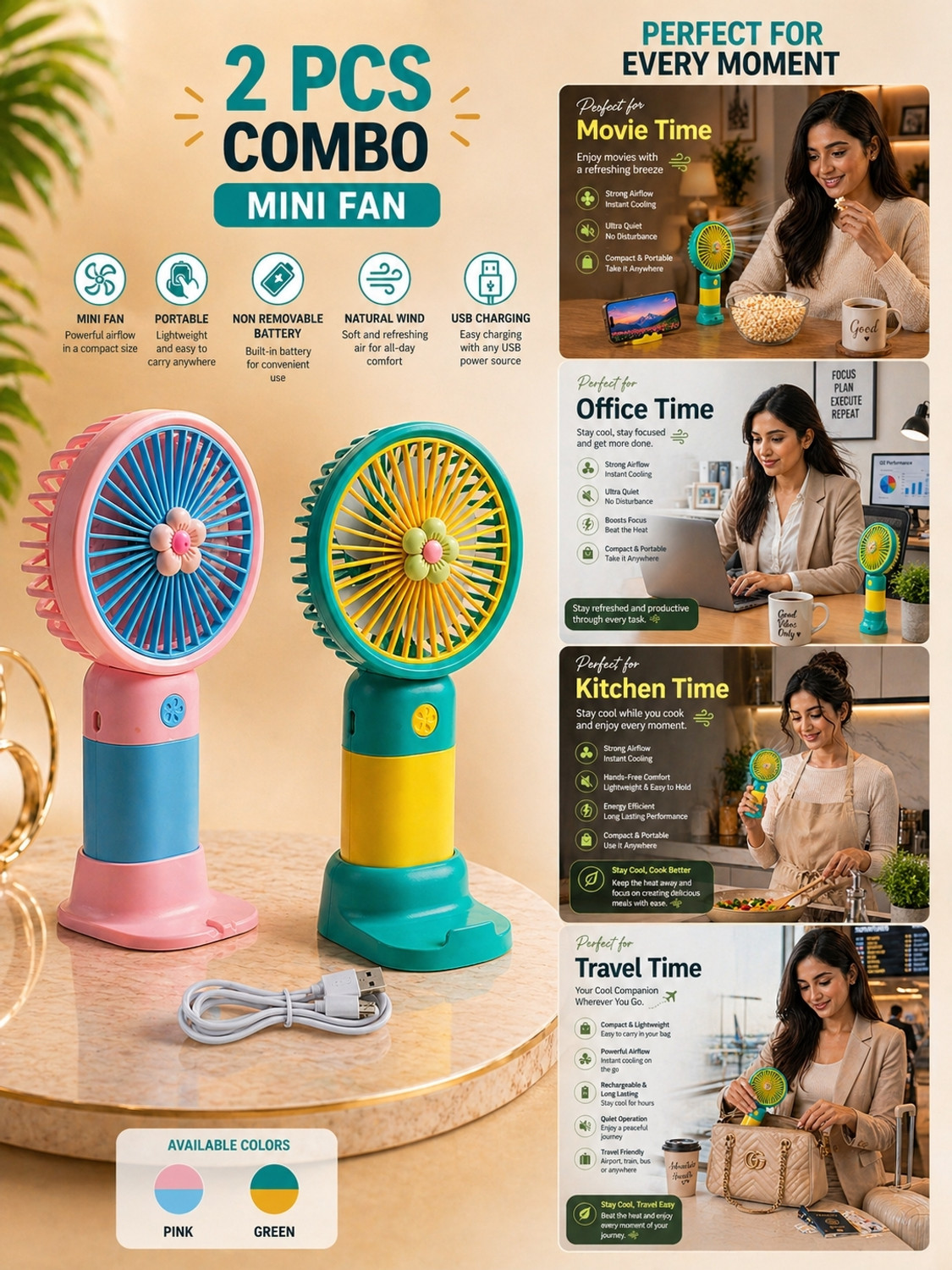 Image of DTwenty Natural Wind | 3 Speed Modes | Desktop & Hand Fan for Kids,Girls,Travel,Office Combo Portable USB Mini Fan (Pack of 2) USB Fan, Rechargeable Fan
