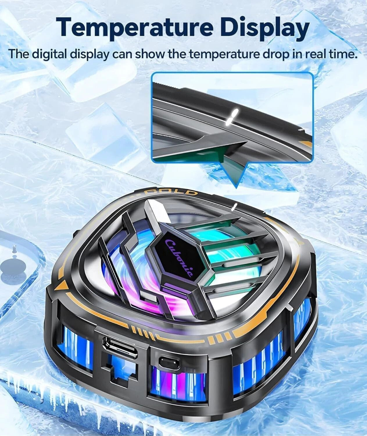 Image of Cubonic Glacix Ultra X76 Ice Pro 15W, RGB LED Display 1 Button Quiet Operation Radiator for Instant Cooling Magnetic /Clip /Metal Adhesive Compatible for All Gadgets USB Fan