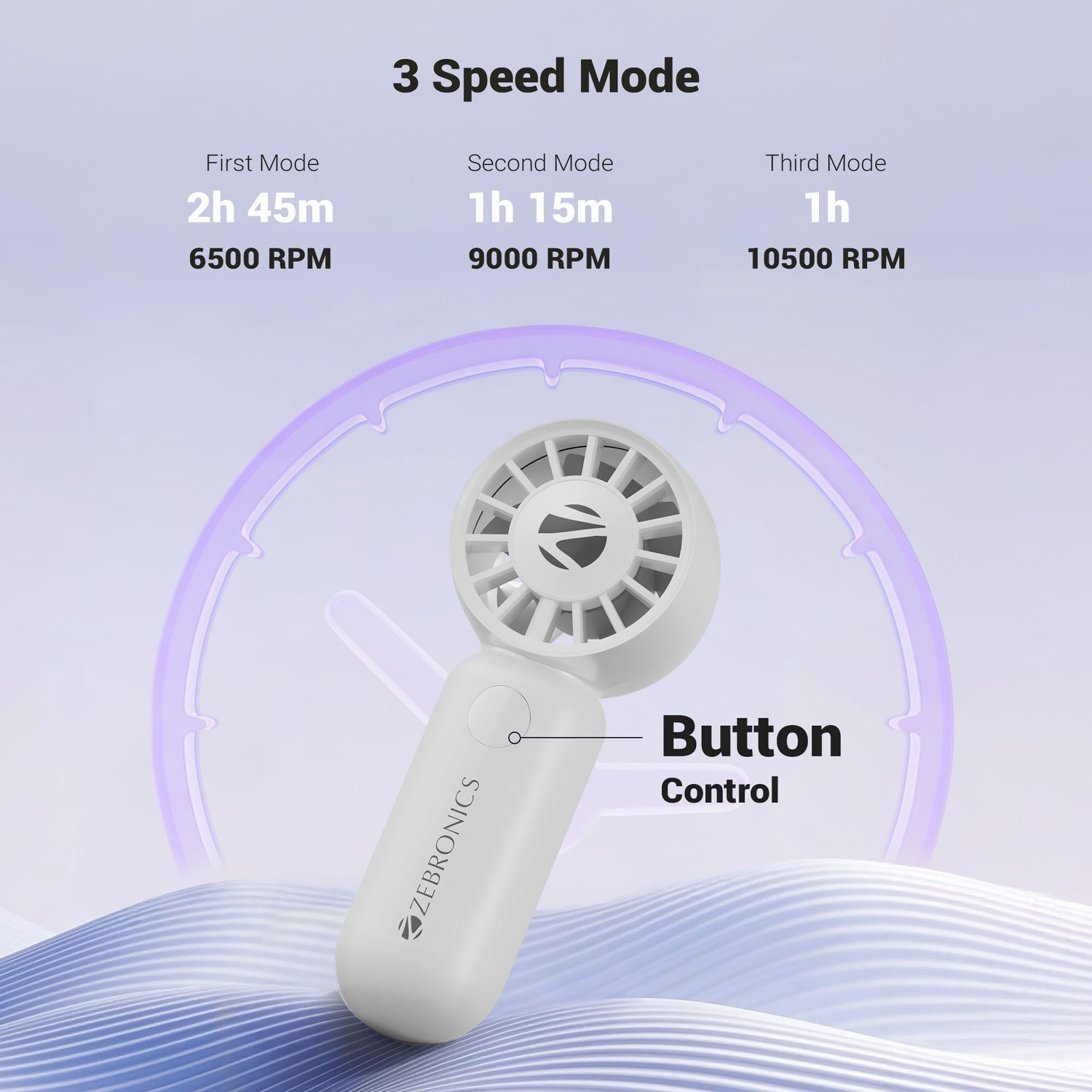 Image of ZEBRONICS Portable Hand, Upto 3h Backup,10500 RPM, Rechargeable Battery,5 Speed Modes ZEB-Heat Buster 100 White USB Fan
