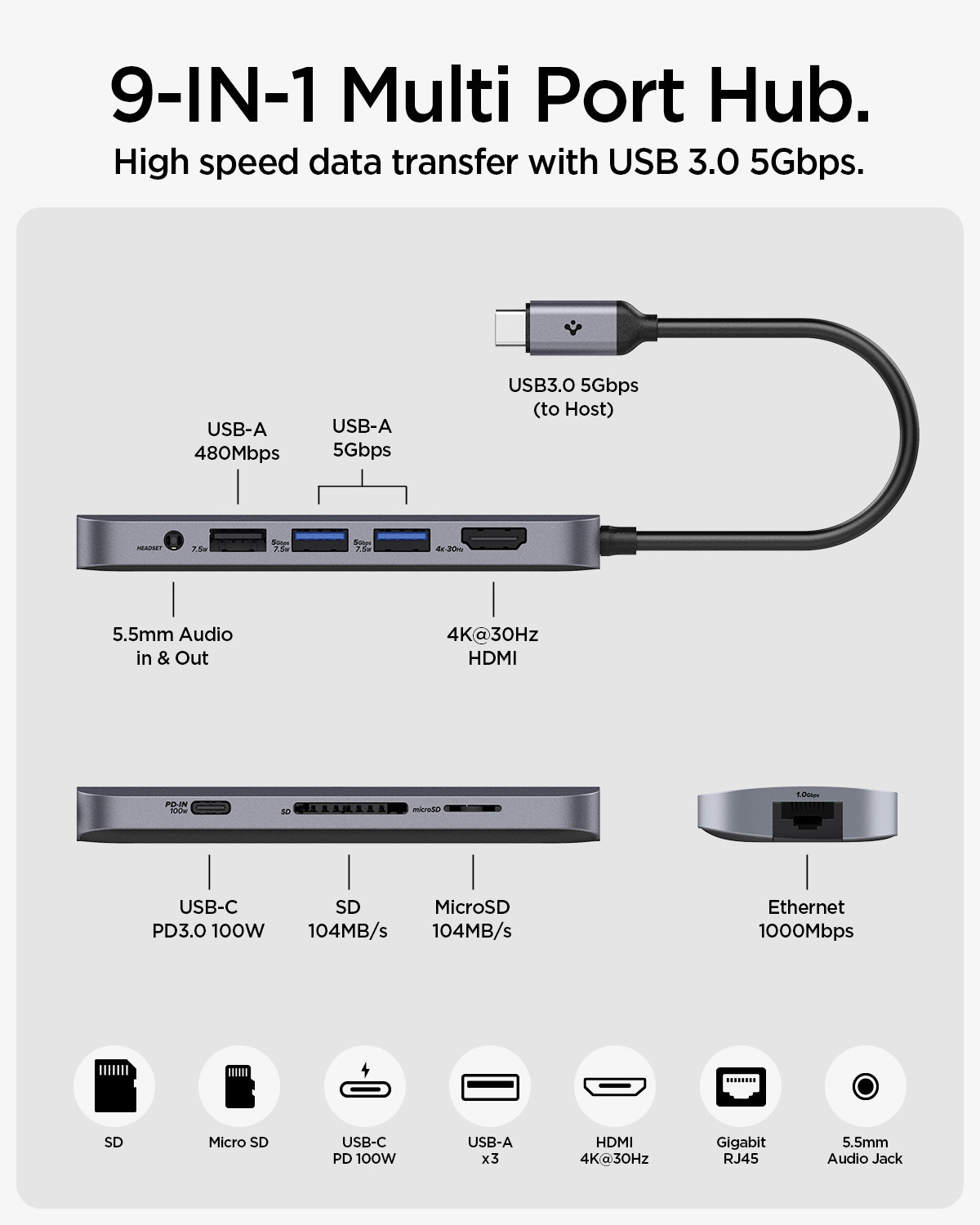 Image of Spigen 100W PD, HDMI 4K 30Hz, USB-C 5Gbps, 2 x USB-A 5Gbps, Ethernet, Audio, SD /microSD Data Ethernet Port, Audio jack, microSD /SD Card Reader USB Hub