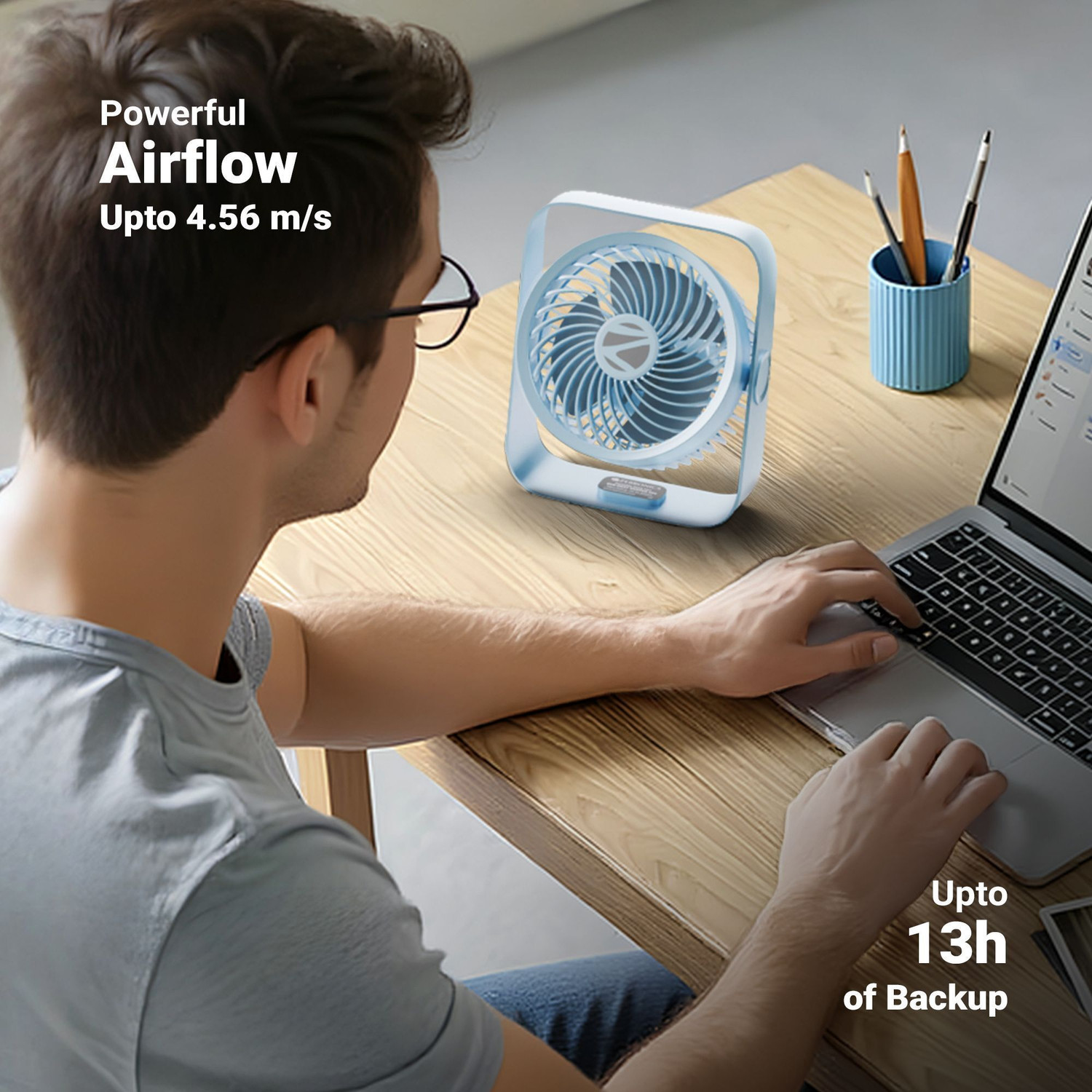 Image of ZEBRONICS Portable Desk, Upto 13h Backup, 3600mAh Rechargeable Battery, 4 Speed Modes Zeb-Heat Buster 300 USB Fan