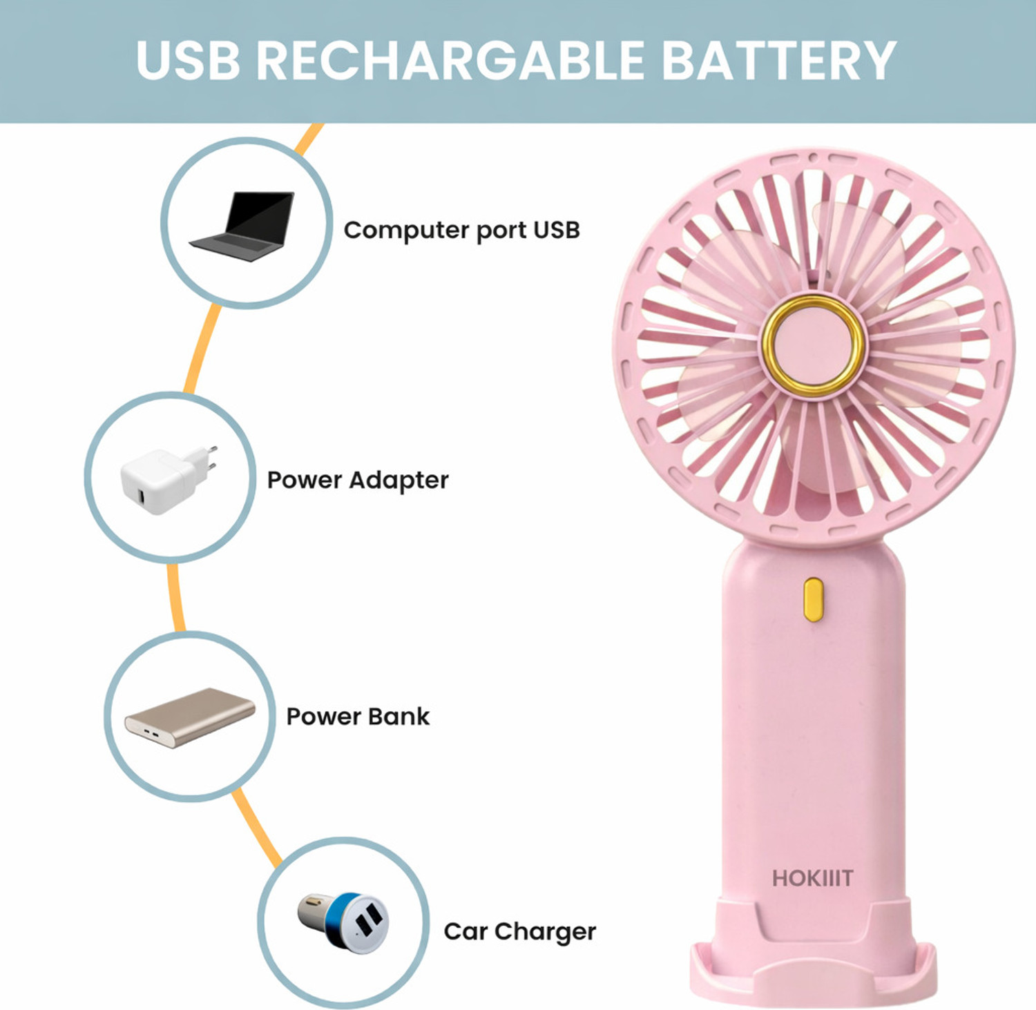 Image of Hokiit Hand Fan Rechargeable , Mini Fan electric ,Small Fan Portable Mini Hand Fan with 1200 mah battery USB Fan USB Fan