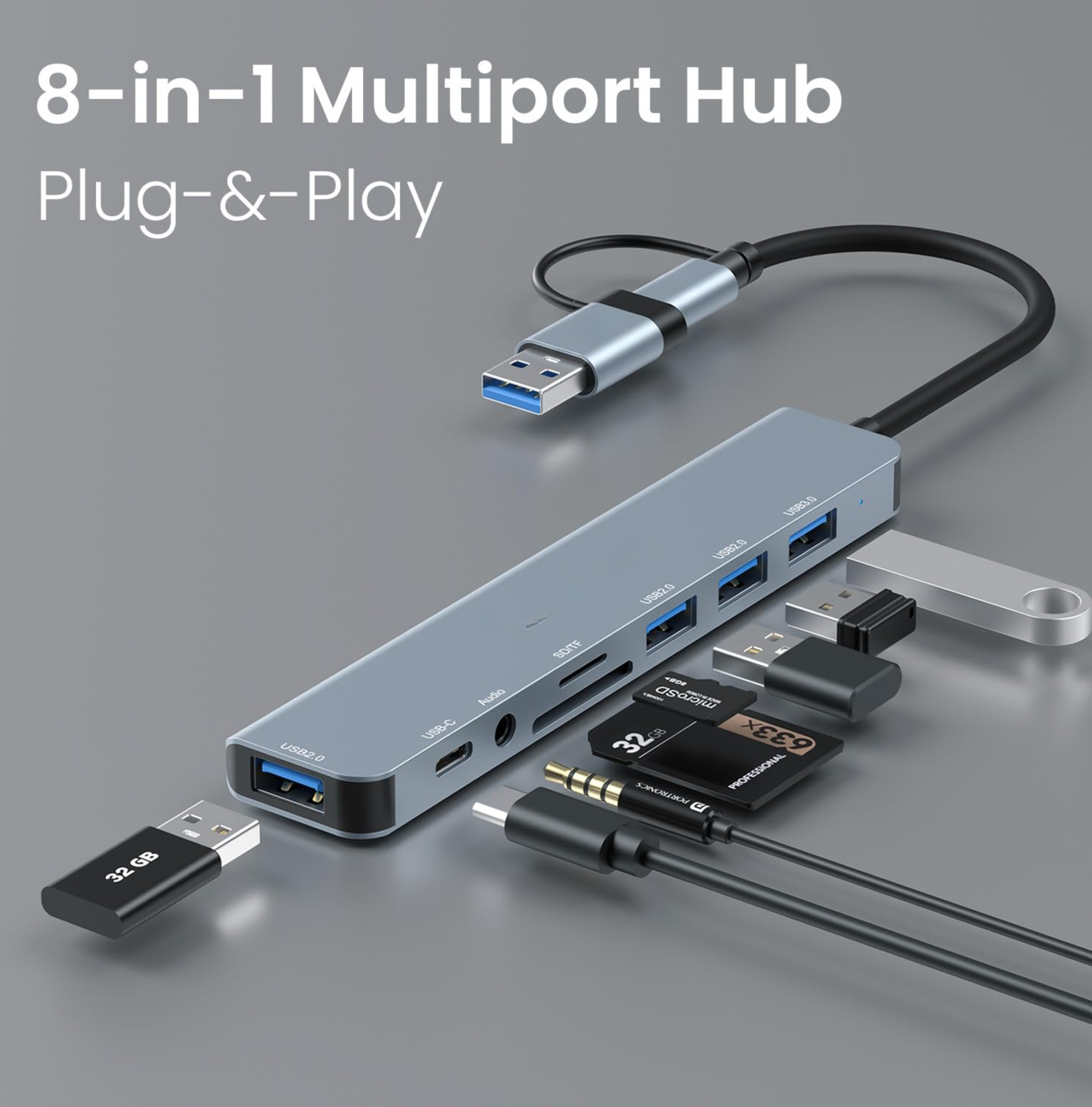 Image of Rackit Power Mport 8 Plus Dual Plug 8-in-1 Docking Station /Hub with AUX, USB 3.0 Type-C Data, USB 2.0, Type-C and USB Plug USB Hub (Port 8 Plus)