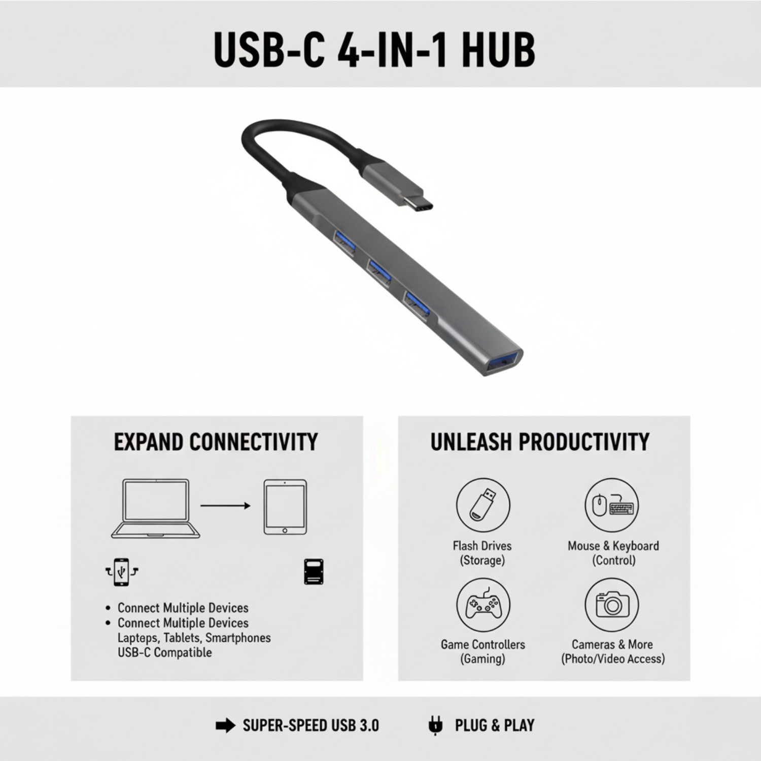 Image of DELOX Type C & Micro USB 4 in 1 OTG Connector - Fast Data & Charging TYPE-C USB 3.0 USB Hub