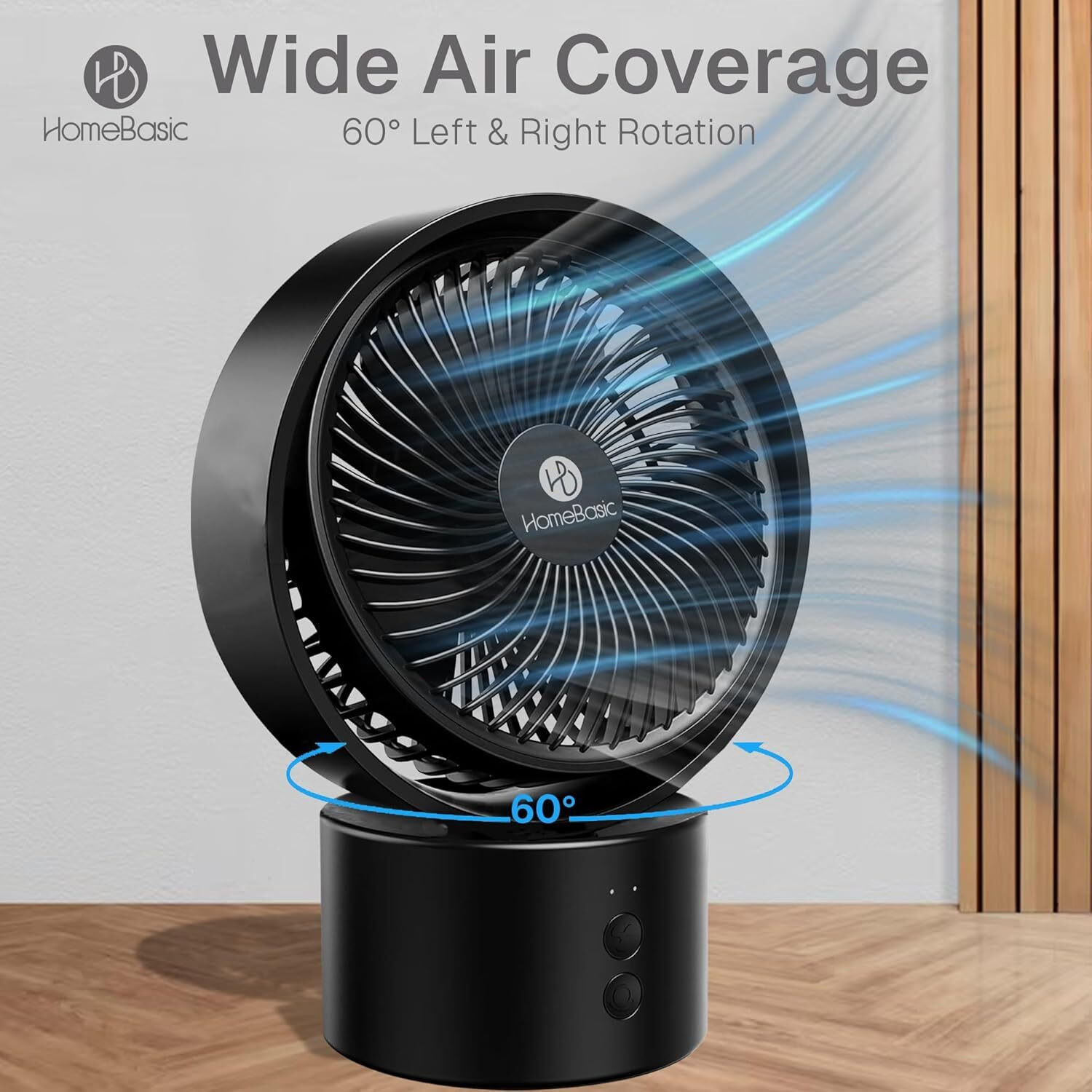 Image of HOMEBASIC Rechargeable USB Desk Fan, 5 Speeds, 2600mAh Battery, 120 Auto Rotation Brushless Motor, Ultra Quiet, Type-C Charging, for Home, Office, Travel USB Fan