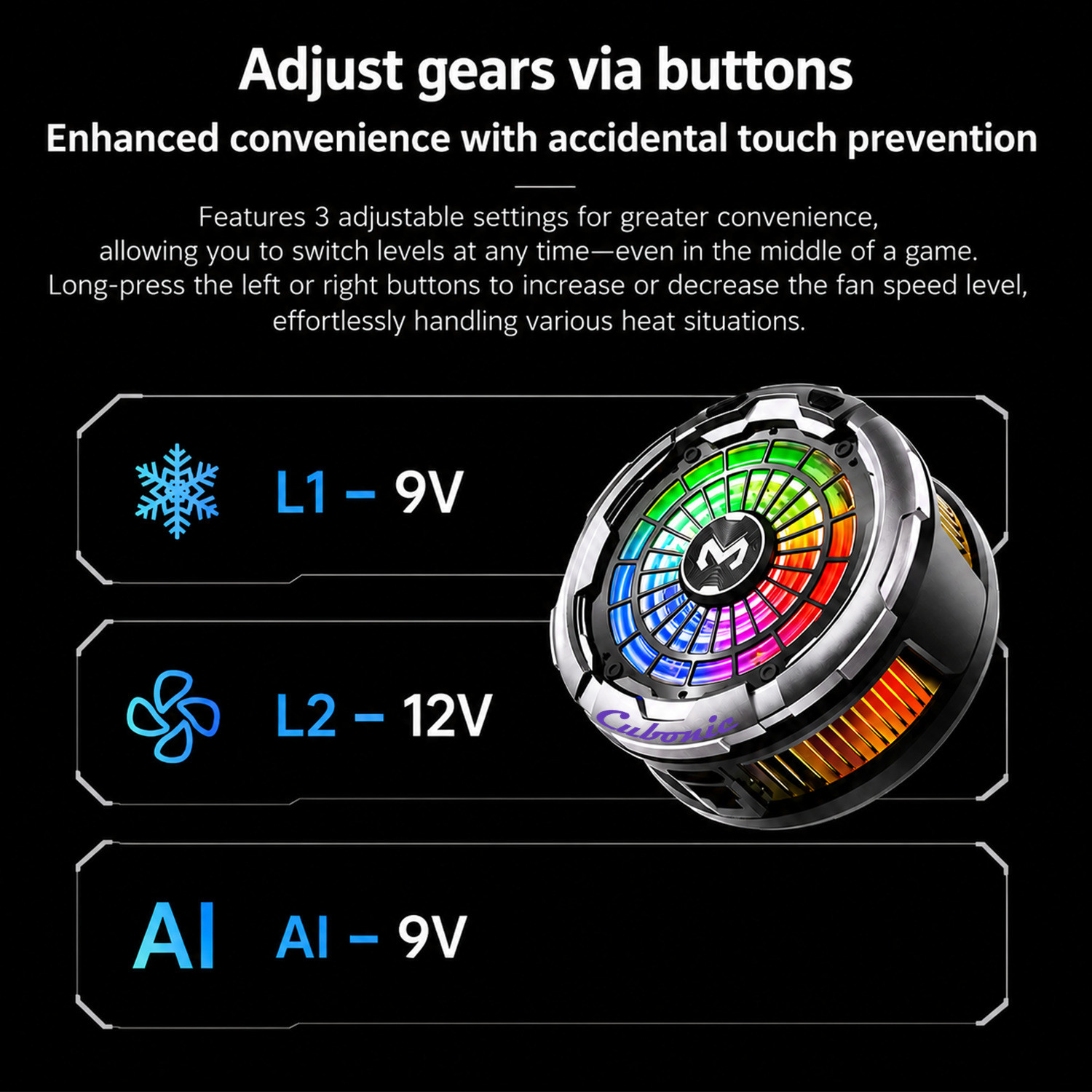 Image of Cubonic CX26 Ragnex 30W Mobile Cooler for Gaming|Quick Cleanl AI mode|USB Type C |100 Level Speed| Ice Cooling | RGB Light | Magnetic & Clip Mount USB Fan
