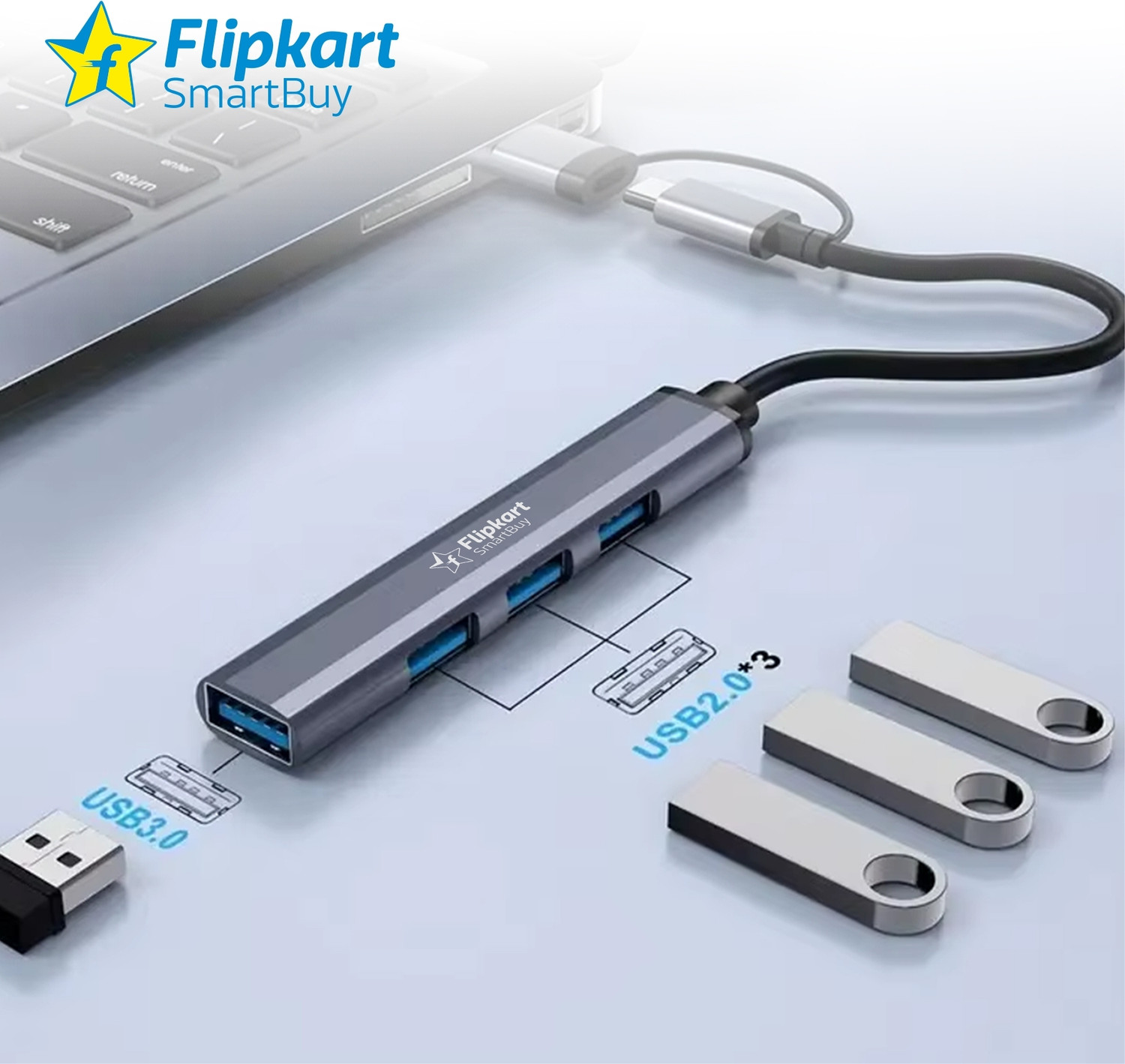 Image of Flipkart SmartBuy 4 Port USB & Type-C Hub USB 3.0 + 3 USB 2.0 Aluminum Body FKSB-4H USB Hub