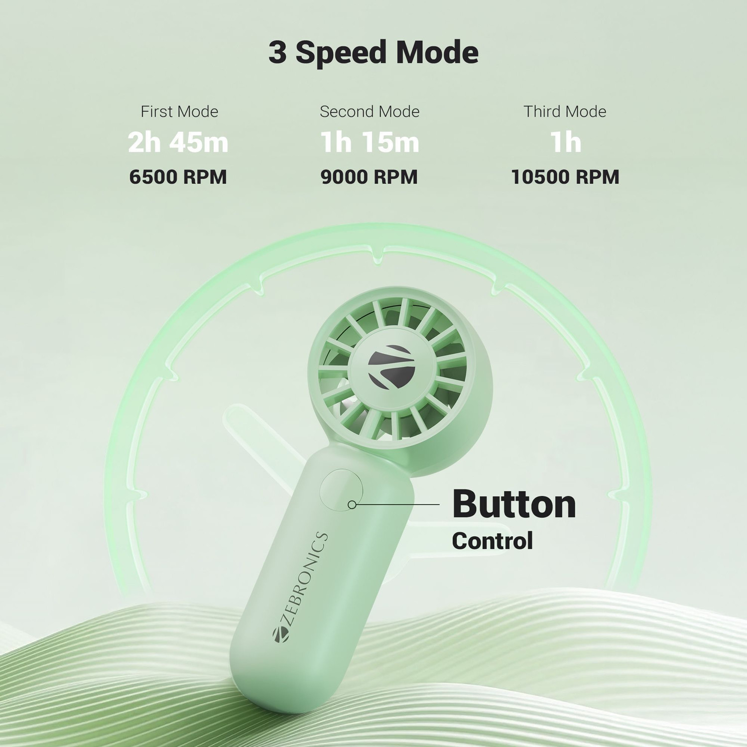 Image of ZEBRONICS Portable Hand , Upto 3h Backup,10500 RPM, Rechargeable Battery, 5 Speed Modes ZEB-Heat Buster 100 Green USB Fan