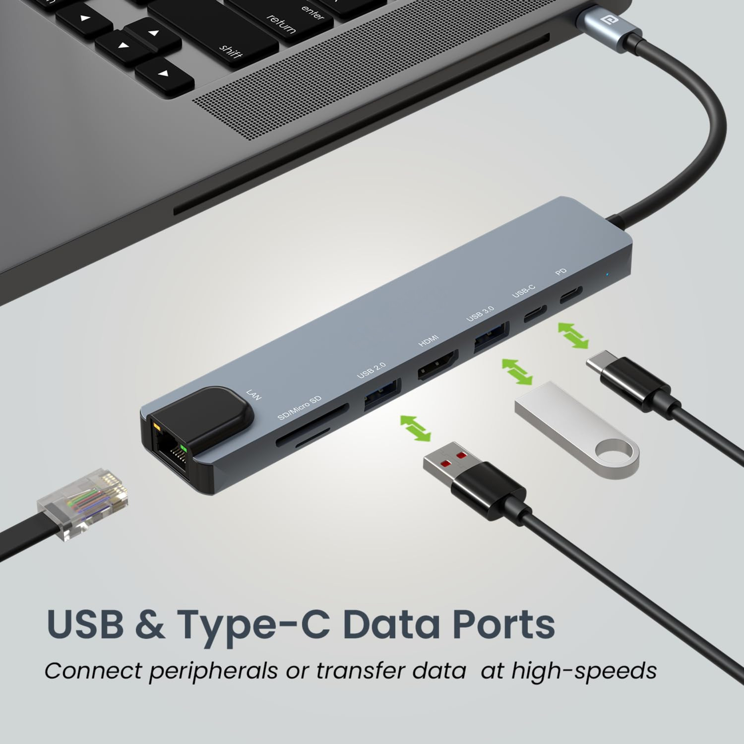 Image of Rackit Power Mport 8 USB-C USB Hub /Docking Station(8-in-1) with 4K 30Hz HDMI `USB 3.0, microSD /SD Card Reader, Type-C Data, PD Charging, USB 2.0 USB Hub (8 Port)