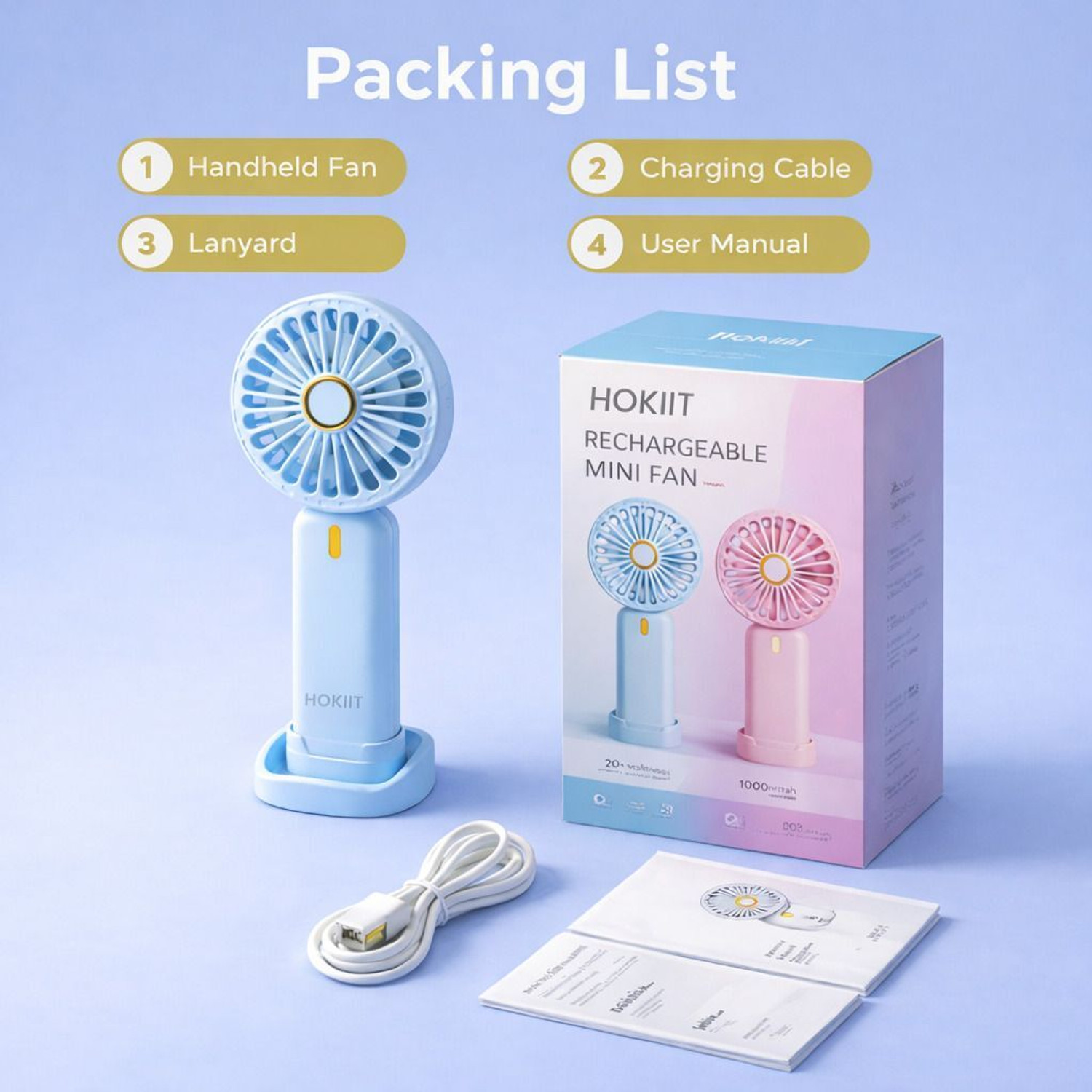 Image of Hokiit Hand Fan Rechargeable ,Mini Fan ,Small Fan Portable Mini Hand Fan with 3 Speed & 1200 mah battery USB Fan USB Fan