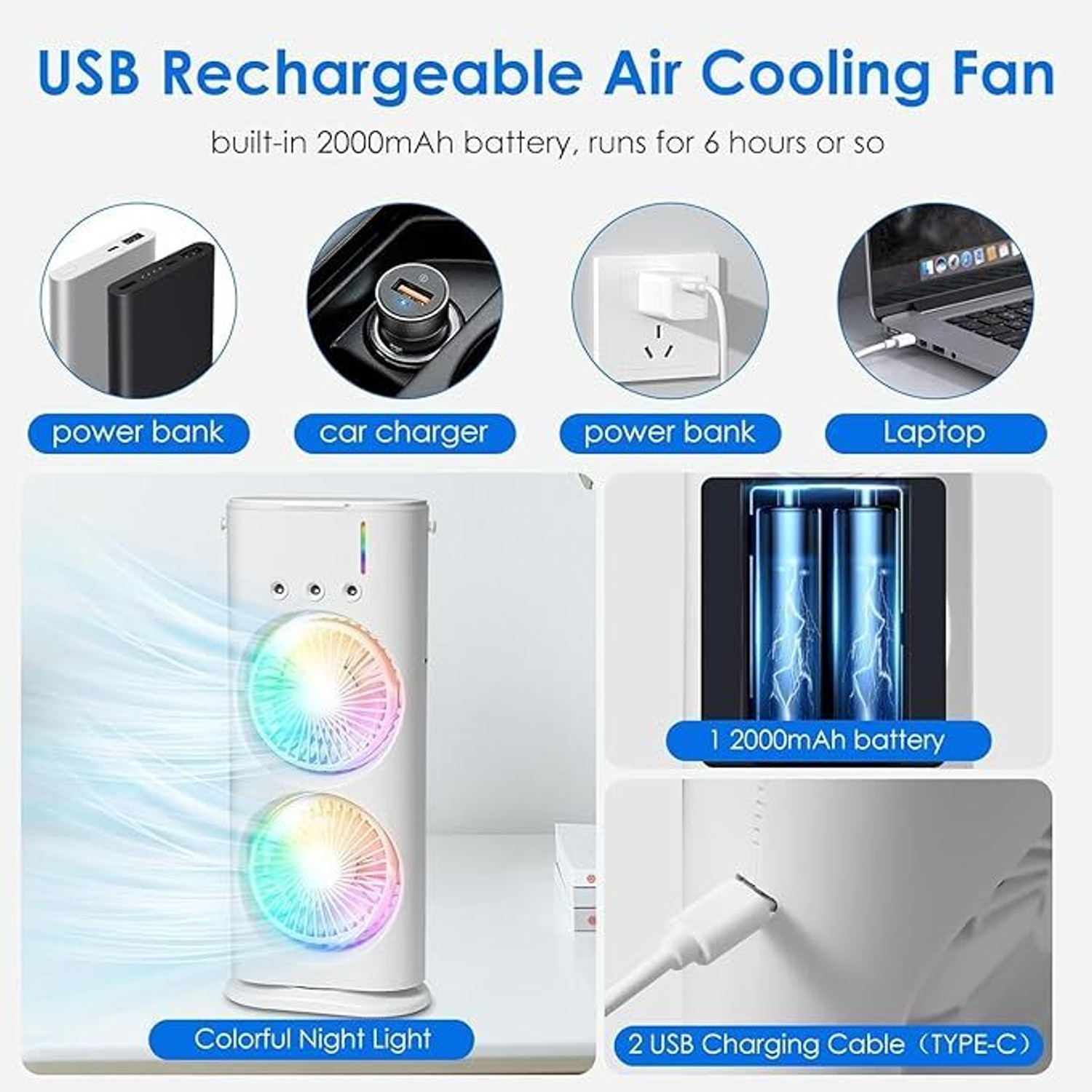 Image of Hevats LED Light, Personal Table Fan, Evaporative Air Cooler, Humidifier Fan for Office Double Sided Cooling Fan - USB Portable Mist Fan with Dual Heads USB Air Cooler