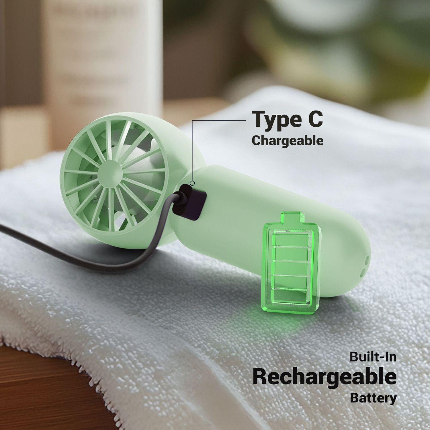 Image of ZEBRONICS Portable Hand , Upto 3h Backup,10500 RPM, Rechargeable Battery, 5 Speed Modes ZEB-Heat Buster 100 Green USB Fan