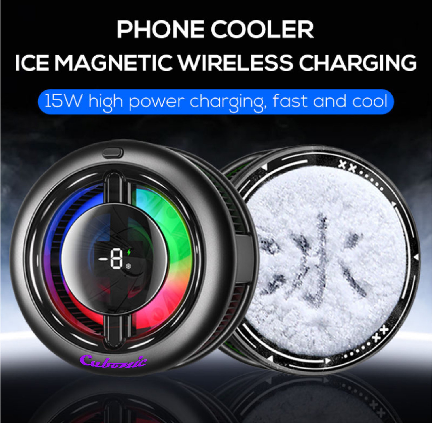 Image of Cubonic 15W CX19 Magnetic Cooler + Wireless Charging Device with Compatible IOS /Android Gadgets, LED Display, Cool RGB, 1 Button Operation, Instant Chill Type C Wired USB Fan