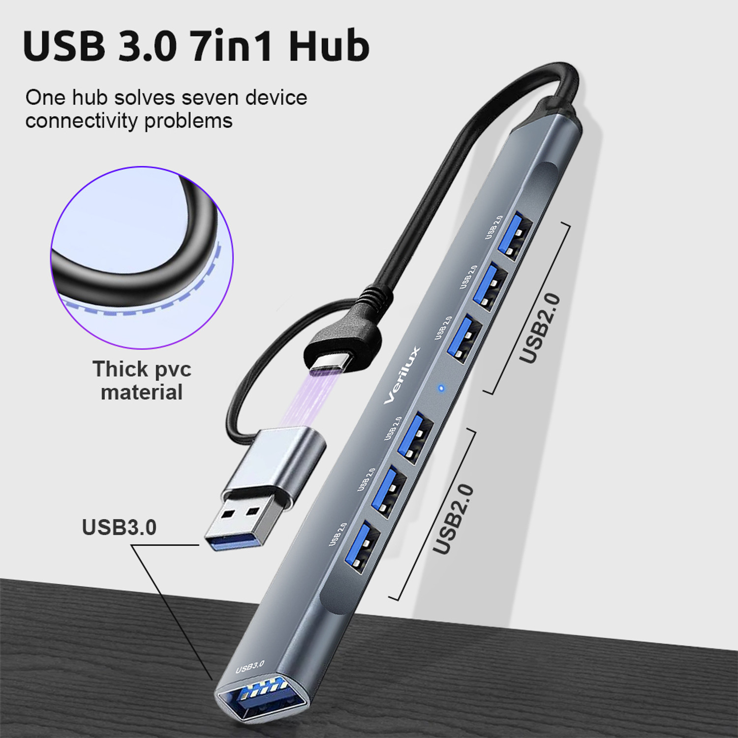 Image of Verilux USB Hub 7 in 1 High Speed USB 3.0 Hub Multiport USB Hub Support Charging &Data Splitter USB Hub USB Port Extension Hub for PC, Laptop, Phone, Mouse, Keyboard USB Hub