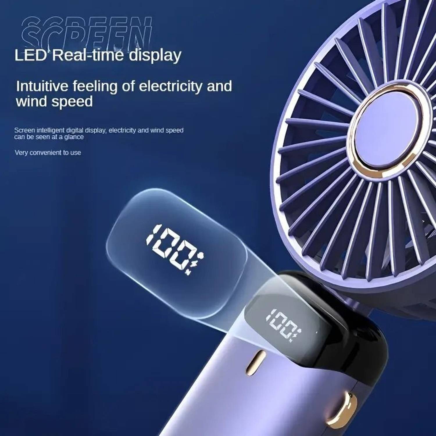 Hokiit Blue Mini Hand Fan, 5-Speed USB Rechargeable - Image 2