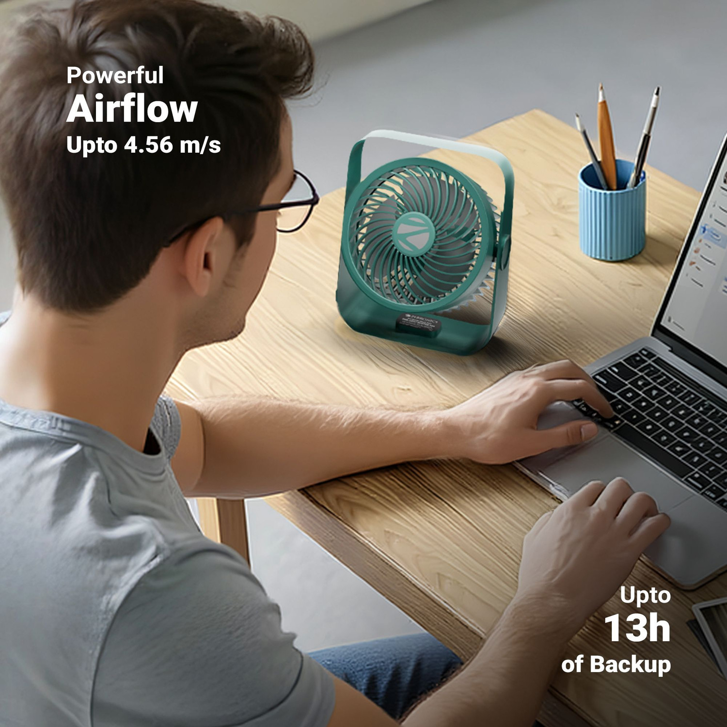 Image of ZEBRONICS �Portable Desk, Upto 13h Backup, 3600mAh Rechargeable Battery, 4 Speed Modes Zeb-Heat Buster 300 USB Fan