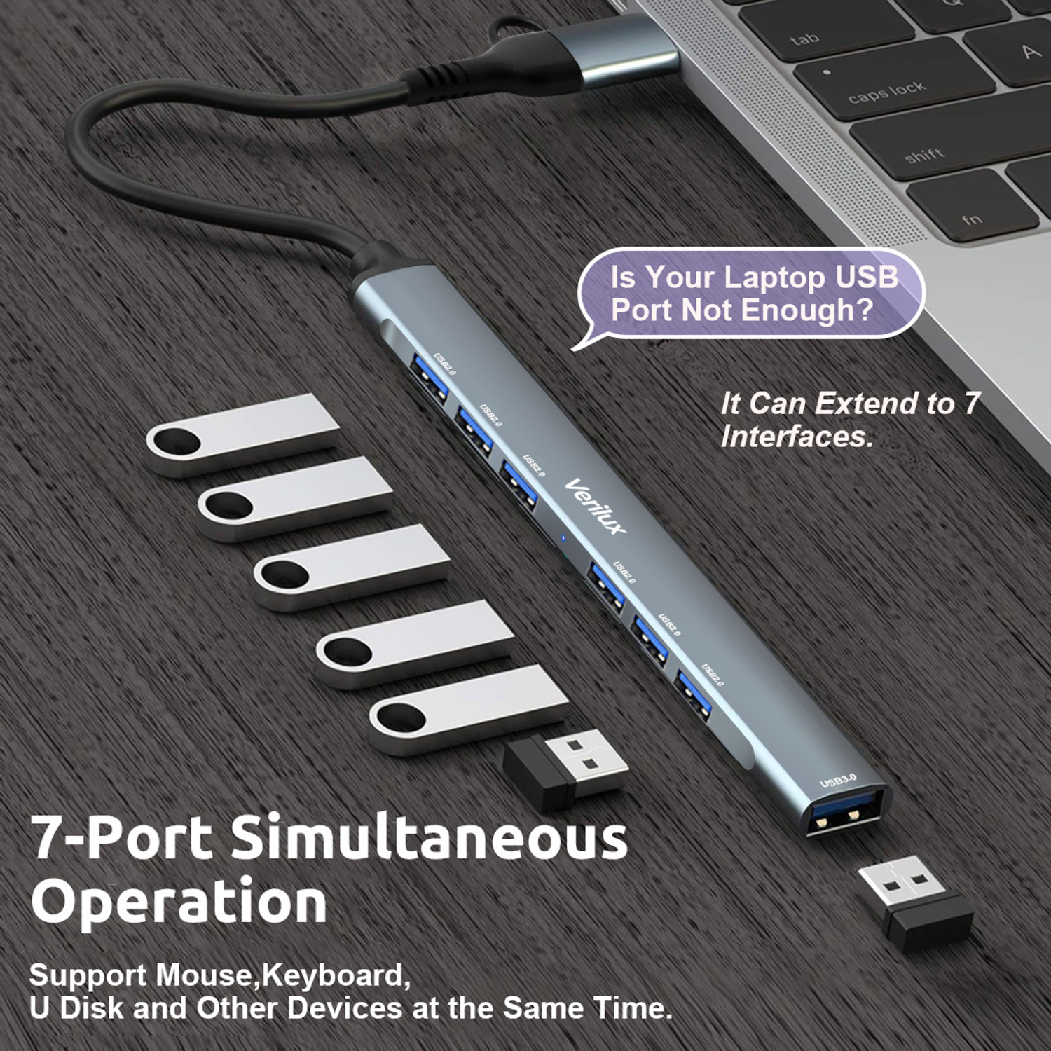 Image of Verilux USB Hub 7 in 1 High Speed USB 3.0 Hub Multiport USB Hub Support Charging &Data Splitter USB Hub USB Port Extension Hub for PC, Laptop, Phone, Mouse, Keyboard USB Hub