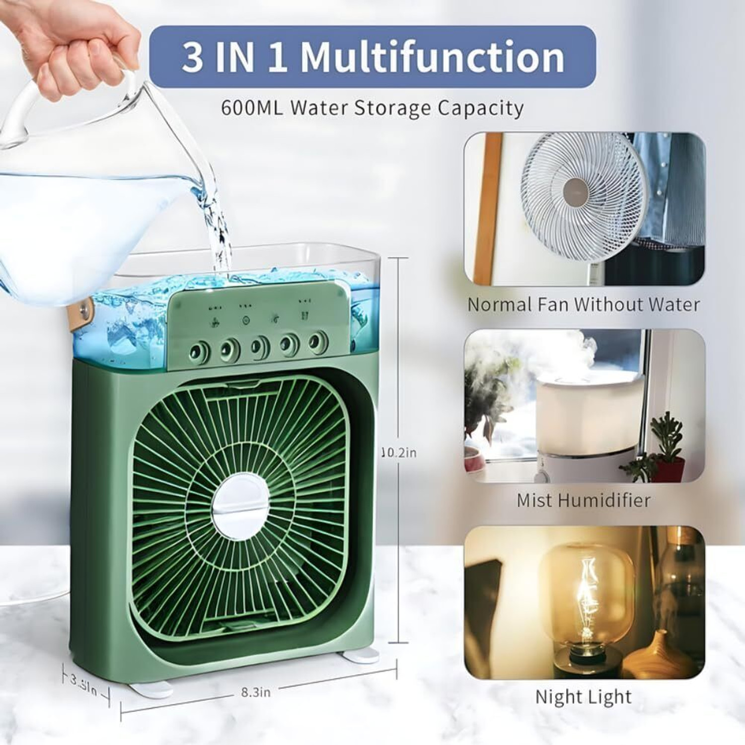 Image of Mystic Wrap Mini AC Room Cooler Fan with 7-Color LED, 3 Speeds, 3 Sprays & 3-Hour Timer GRN USB Fan