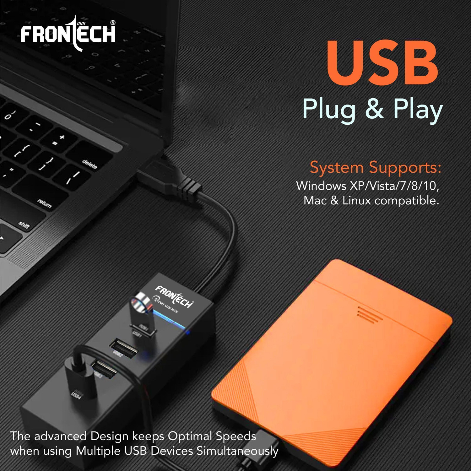 Image of Frontech 4 Port USB Hub Dock, LED Indicators, Plug and Play, 5 Gbps Speed - Each Port NC-0053 USB Hub