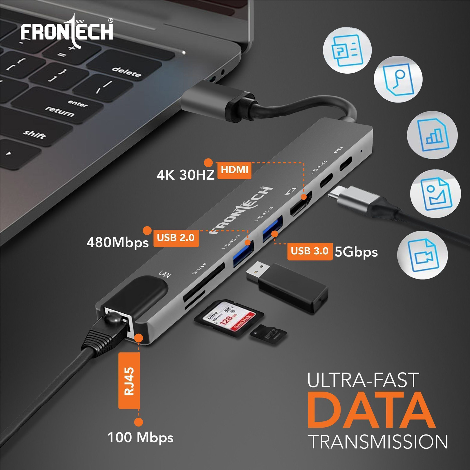 Image of Frontech 8 in 1 Multiport Dock,4K 30 Hz HDMI, LAN 100Mbps, PD Charging, USB 3.0 /2.0 NC-0059 USB Hub