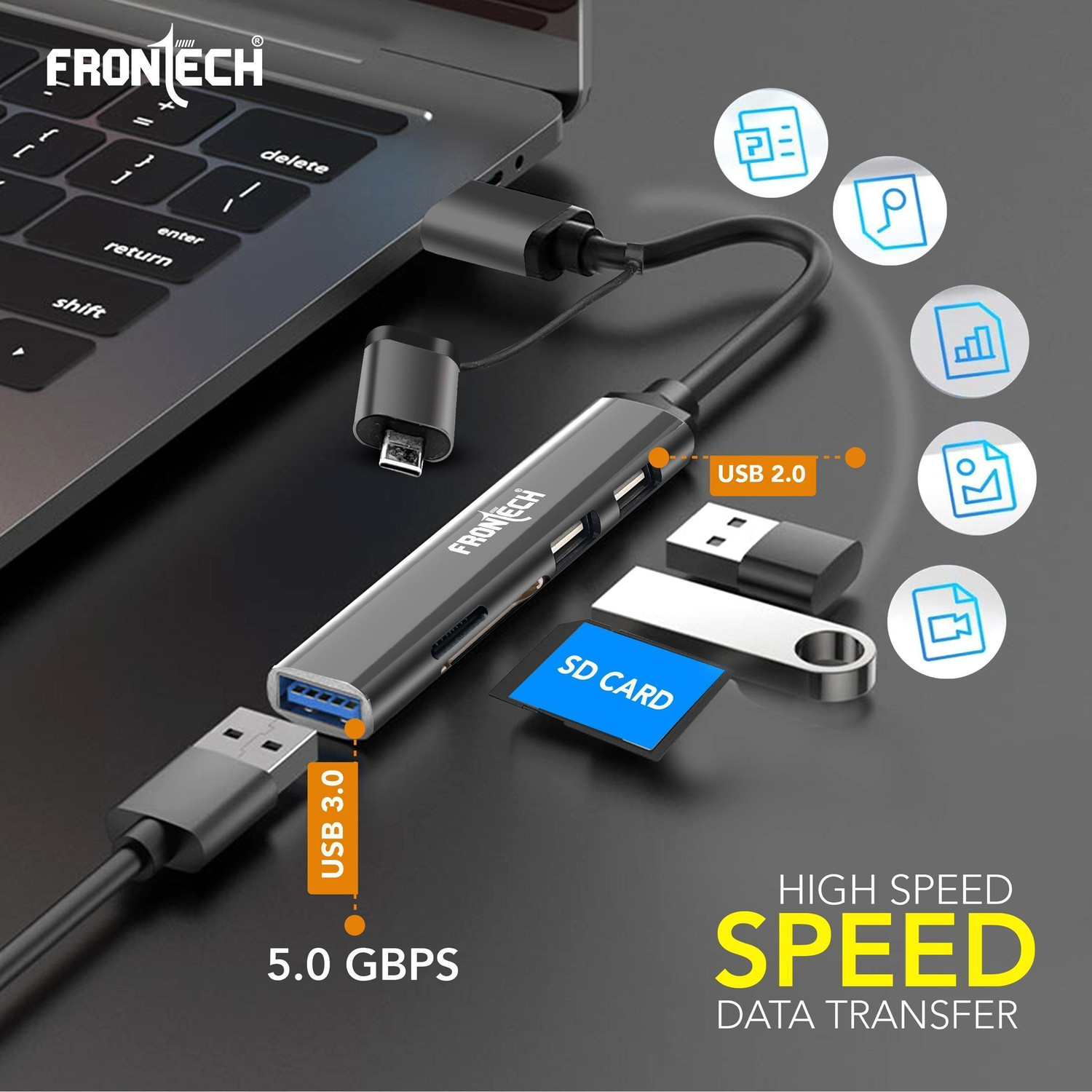 Image of Frontech 5-in-1 USB Hub 3.0| Dual Input Type-C /USB-A /SD /TF | 5Gbps Data Transfer NC-0040 Card Reader, USB Hub
