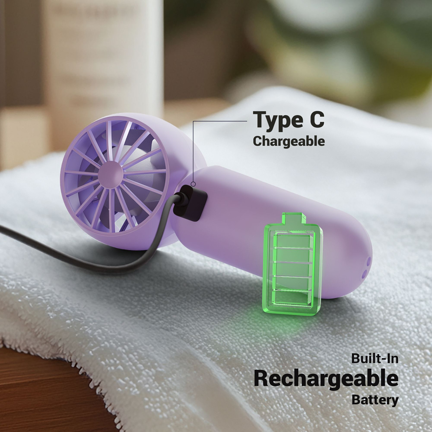 Image of ZEBRONICS Portable Hand, Upto 3h Backup,10500 RPM, Rechargeable Battery,5 Speed Modes ZEB-Heat Buster 100 Purple USB Fan