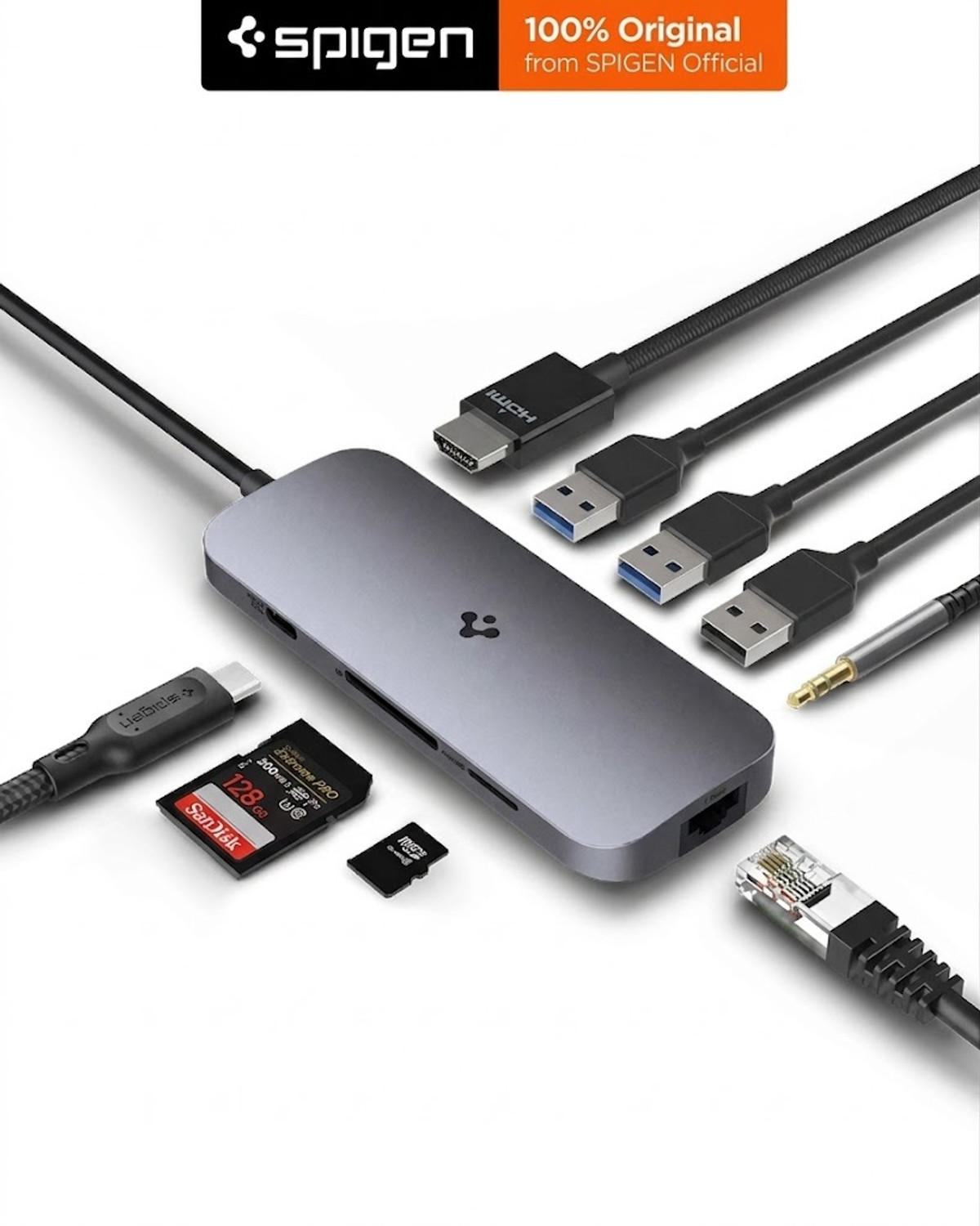 Image of Spigen 100W PD, HDMI 4K 30Hz, USB-C 5Gbps, 2 x USB-A 5Gbps, Ethernet, Audio, SD /microSD Data Ethernet Port, Audio jack, microSD /SD Card Reader USB Hub