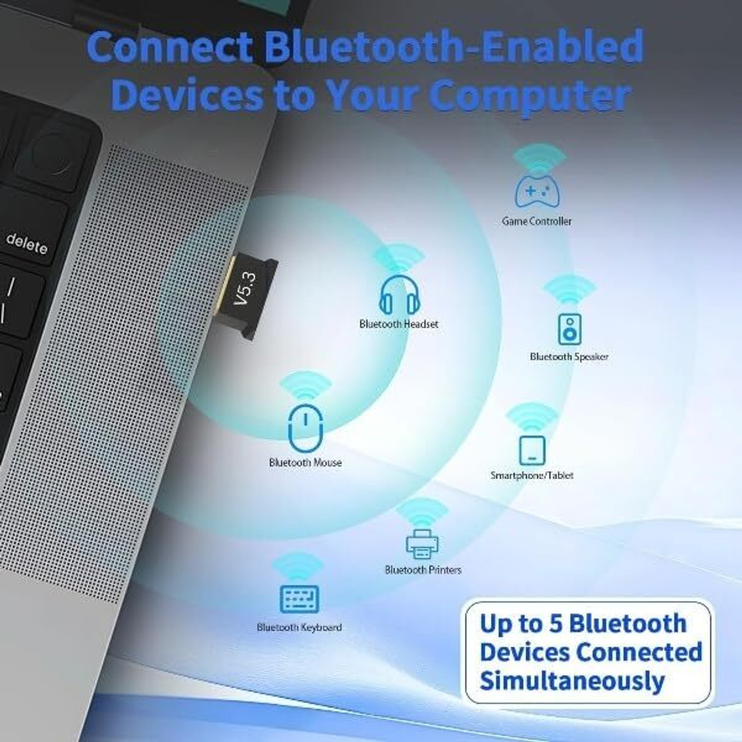 Image of VOOCME 5.3 Bluetooth Adapter 5.3 Bluetooth Adapter for PC, Bluetooth Dongle Receiver & Transmitter Laptop Accessory (for Laptop CPU Keyboard Mouse Headphone Speakers Printer, Plug & Play -Black)