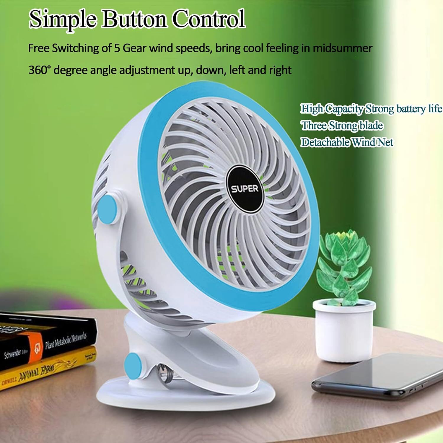 Image of Tazomi Portable USB Fan with 3 Speeds|Up to 5-hours Battery Backup|Type-C Charging Mini Portable Battery Operated Multi-Function USB Fan
