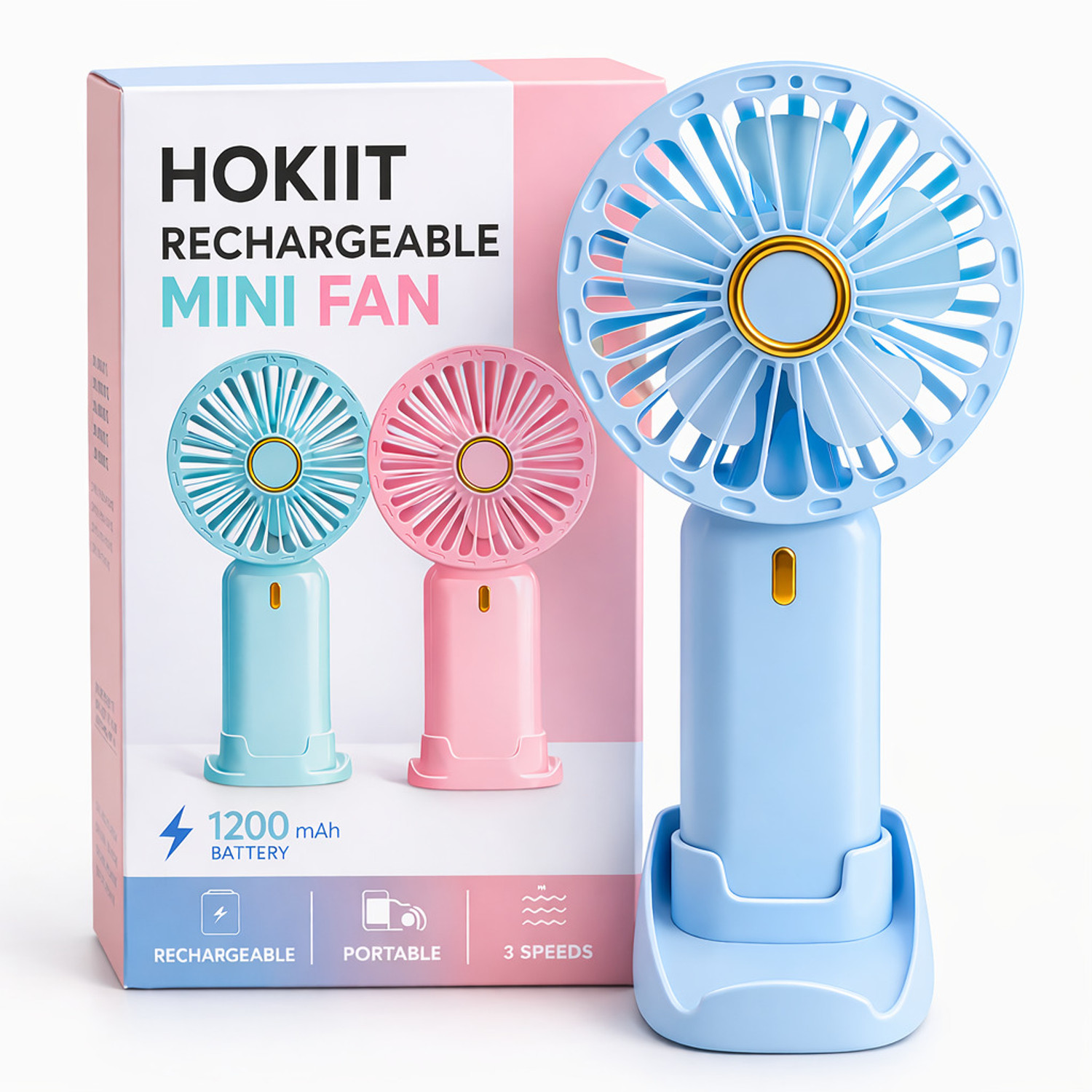 Image of Hokiit Hand Fan Rechargeable ,Mini Fan ,Small Fan Portable Mini Hand Fan with 3 Speed & 1200 mah battery USB Fan USB Fan