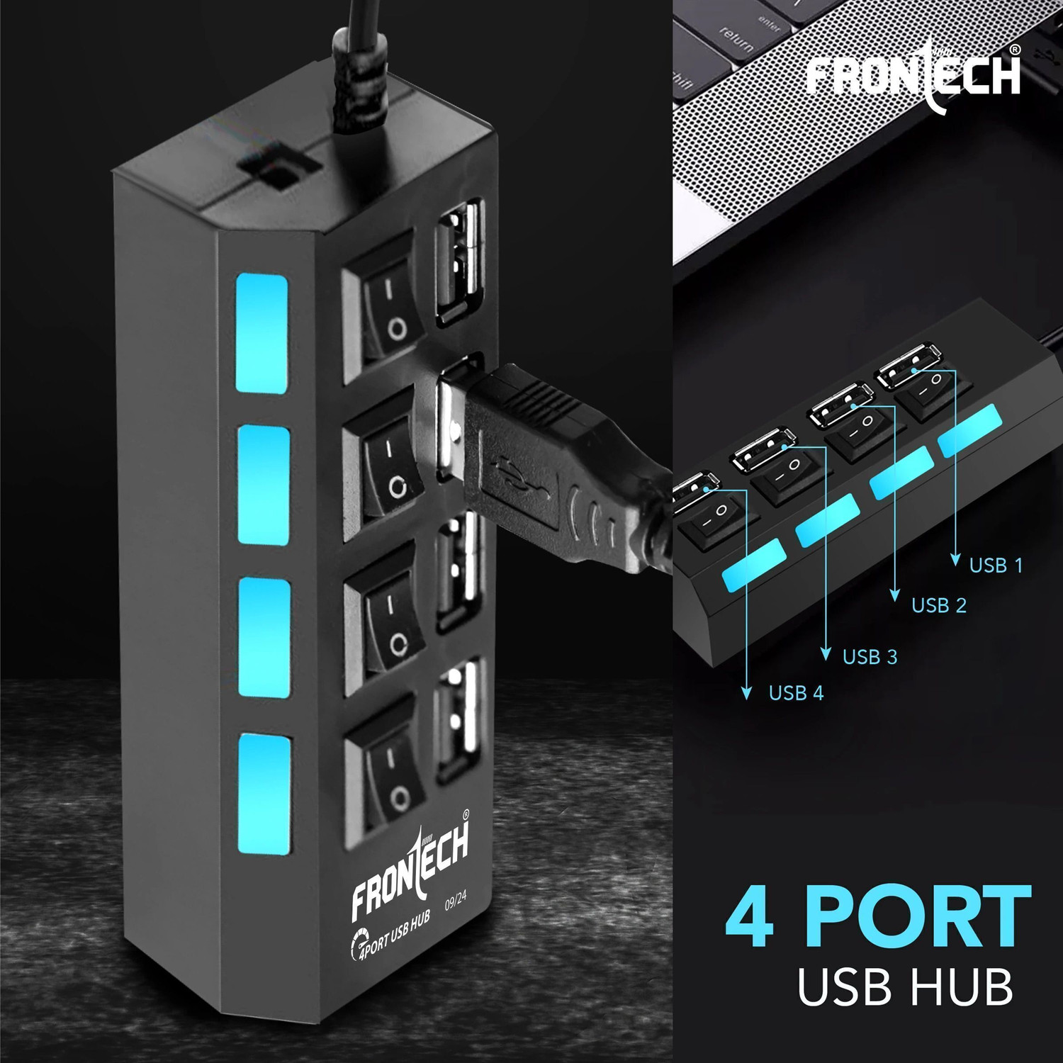 Image of Frontech 4-Port USB Hub with Individual On /Off Switches, LED Indicators, 40 cm Cable, NC-0033 USB Hub