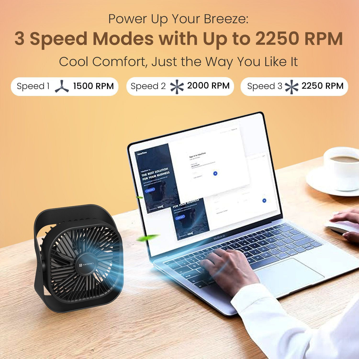 Image of Portronics CoolCube Mini, 2-in-1 Desktop & Wall Fan, Type-C Charging, 3 Speed Modes,2000mAh POR-3088 USB Fan