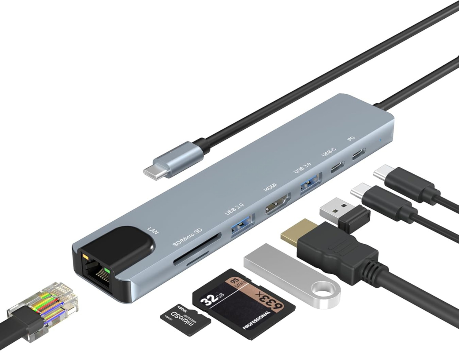 Image of Rackit Power Mport 8 USB-C USB Hub /Docking Station(8-in-1) with 4K 30Hz HDMI `USB 3.0, microSD /SD Card Reader, Type-C Data, PD Charging, USB 2.0 USB Hub (8 Port)