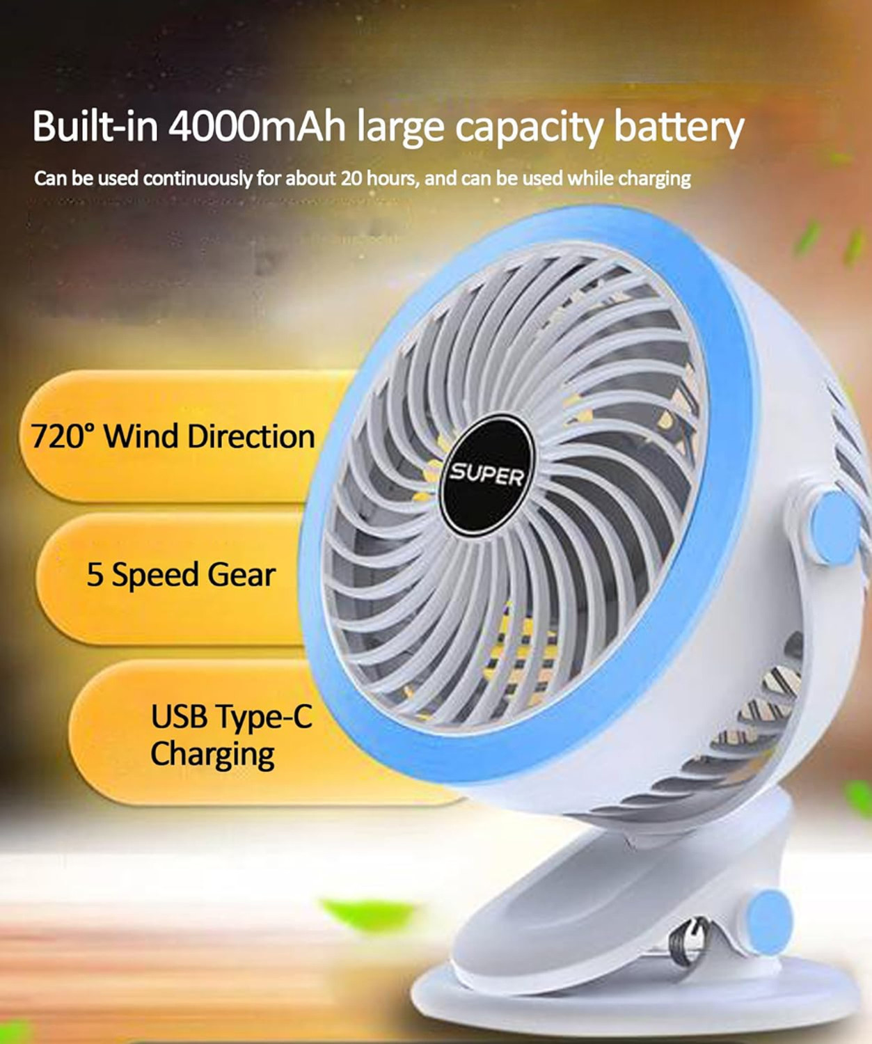Image of Tazomi Portable USB Fan with 3 Speeds|Up to 5-hours Battery Backup|Type-C Charging Mini Portable Battery Operated Multi-Function USB Fan