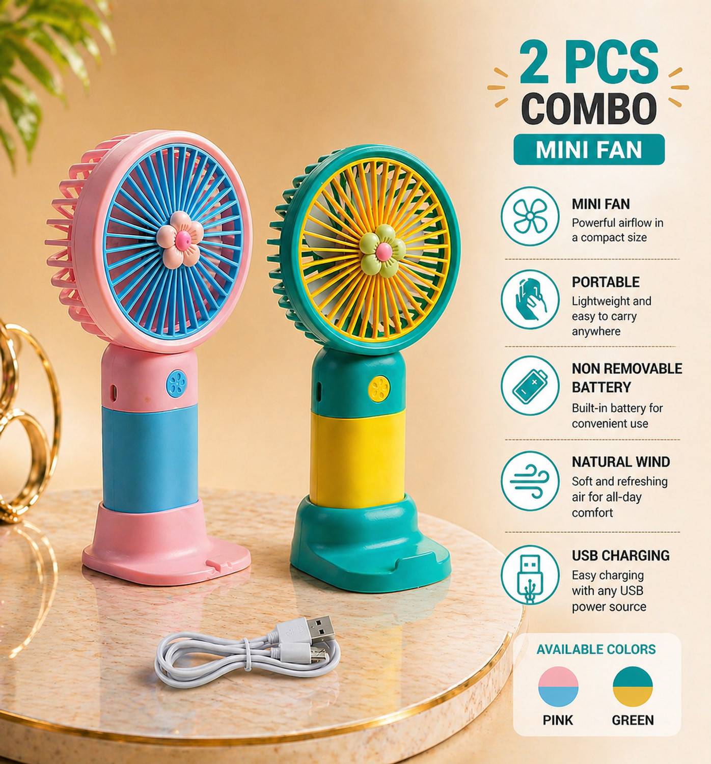Image of DTwenty Natural Wind | 3 Speed Modes | Desktop & Hand Fan for Kids,Girls,Travel,Office Combo Portable USB Mini Fan (Pack of 2) USB Fan, Rechargeable Fan