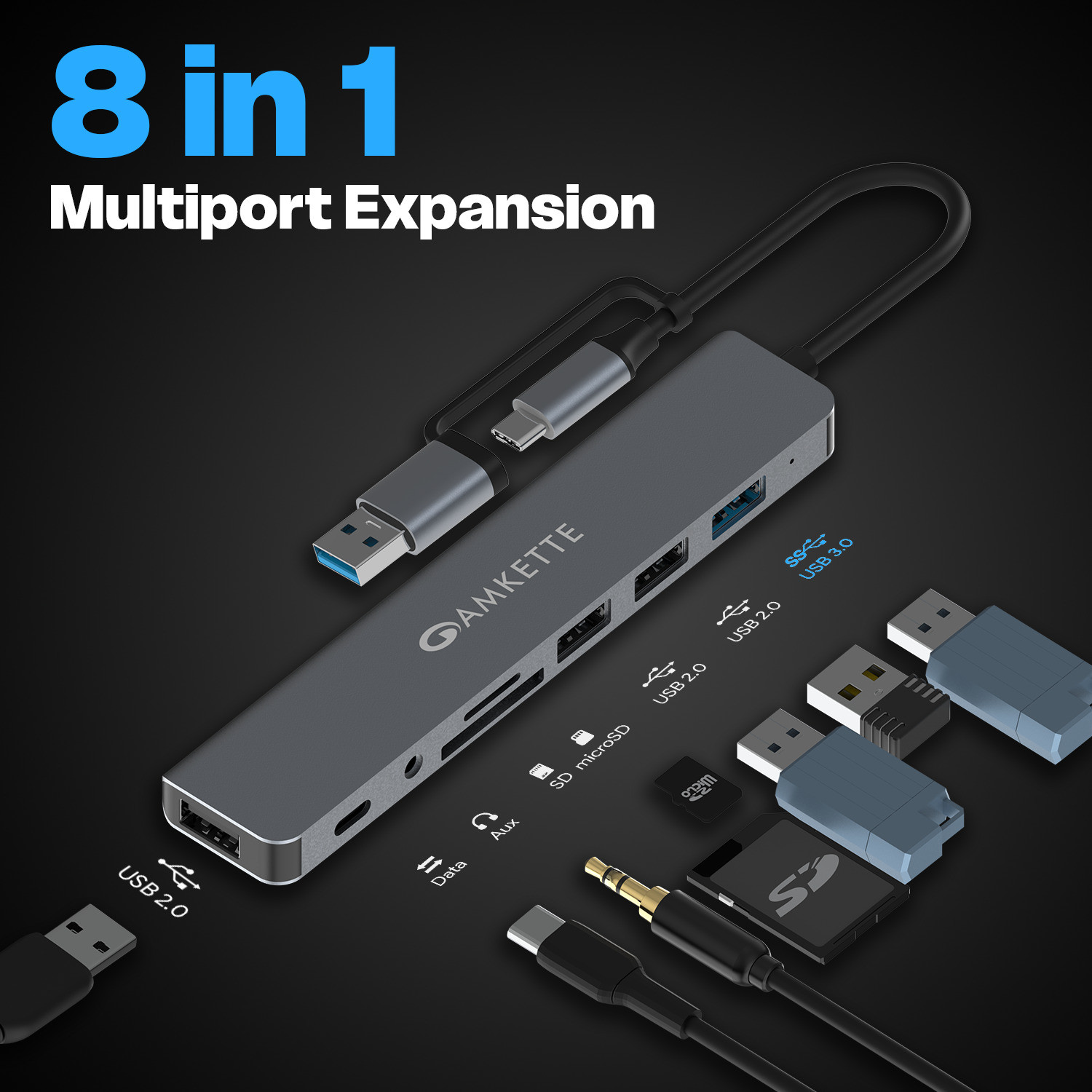 Image of AMKETTE 8-in-1 Plus (A+C) USB Type C Hub with USB 3.0, SD /TF Card Reader, 3.5mm Audio Jack, External HDD Support, Compatible with Windows, macOS & Linux USB Hub