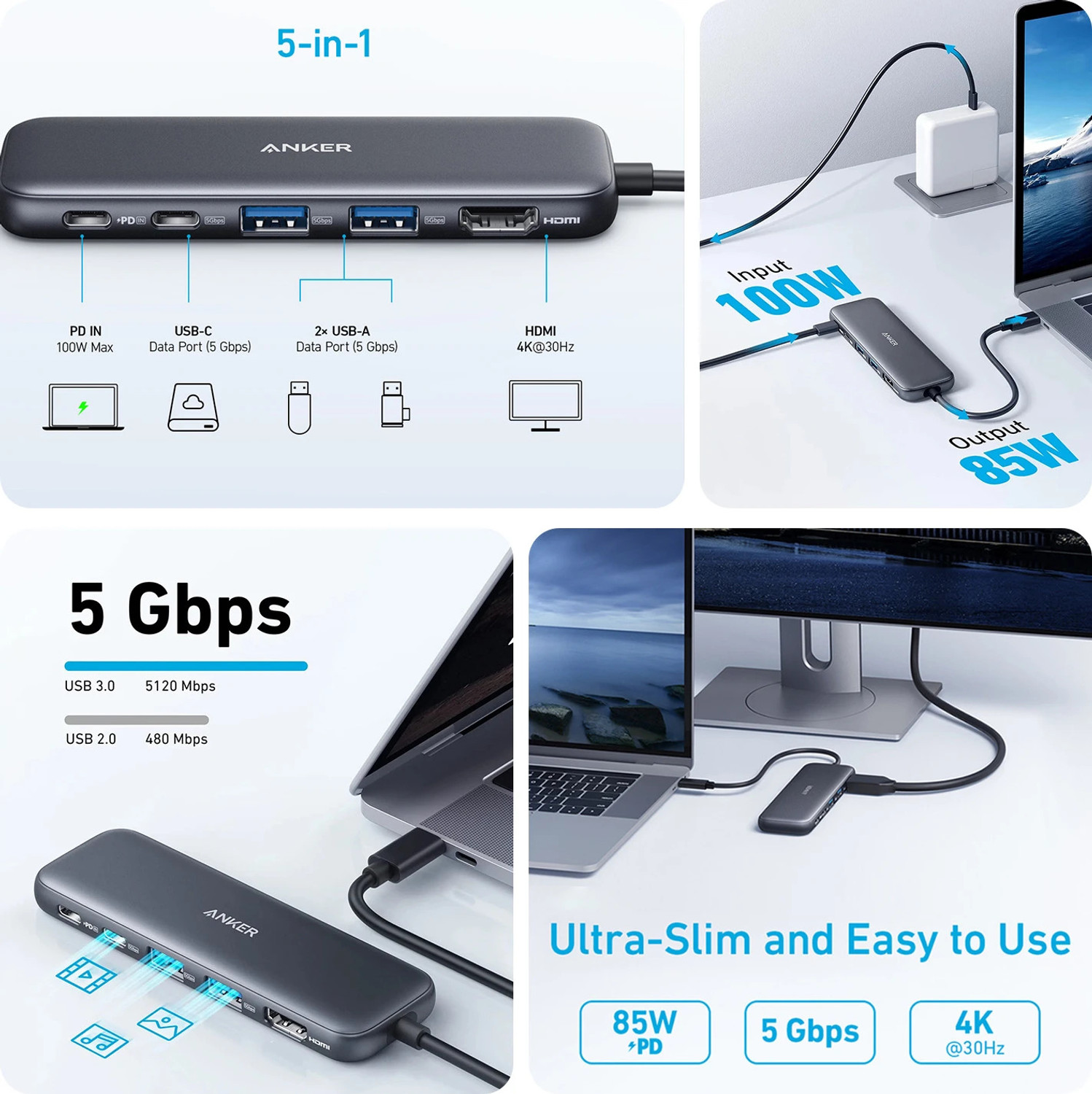 Image of Anker 5-in-1 USB C Hub for MacBook and other Compatible Devices 332 USB-C and USB-A USB Hub
