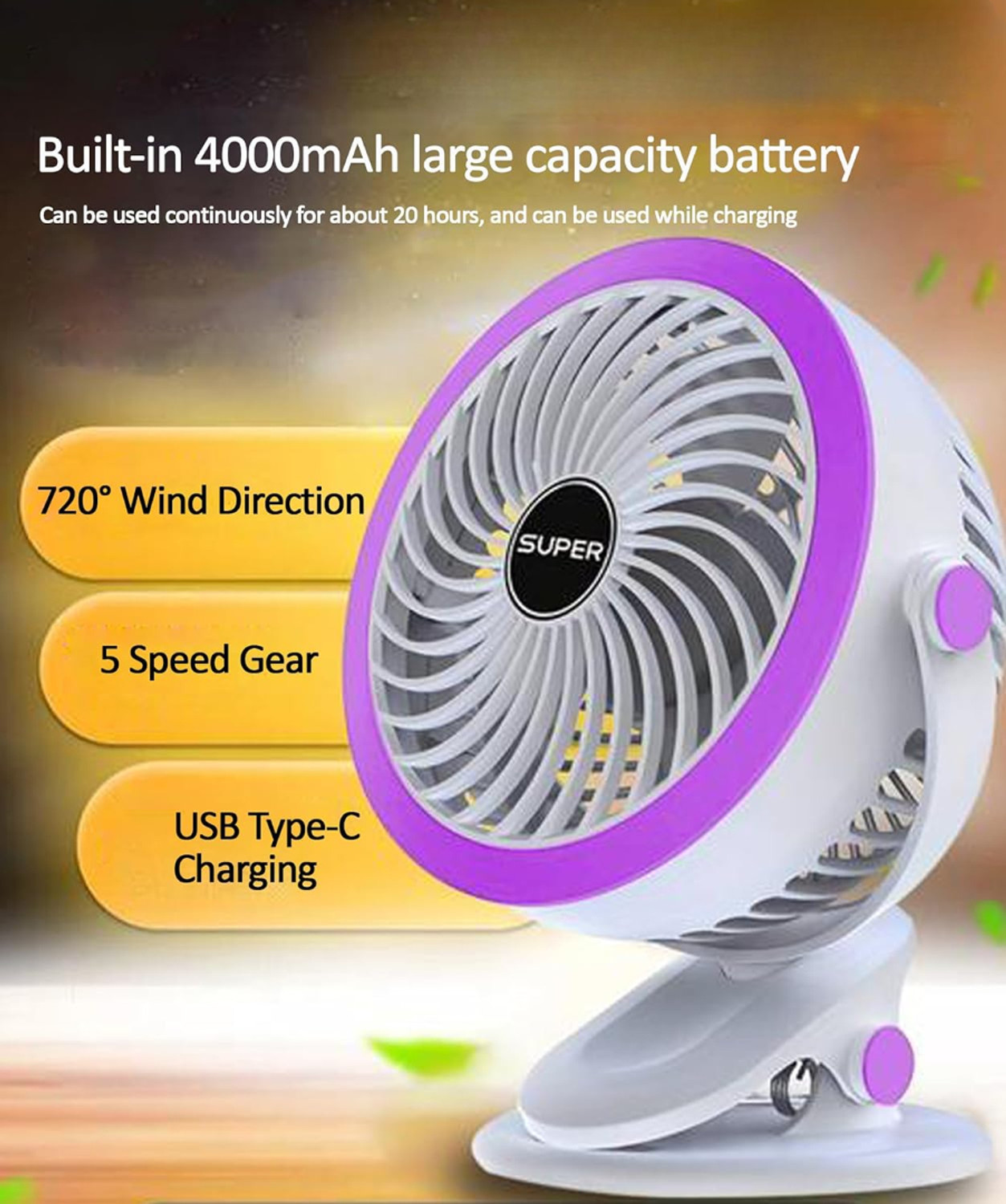 Image of Solisca Neck,Air Conditioner Fan Cooling Plate 4400mAh Rechargeable Battery Operated Mini Portable 3 Speed mode Built-in Battery Rechargeable USB Fan