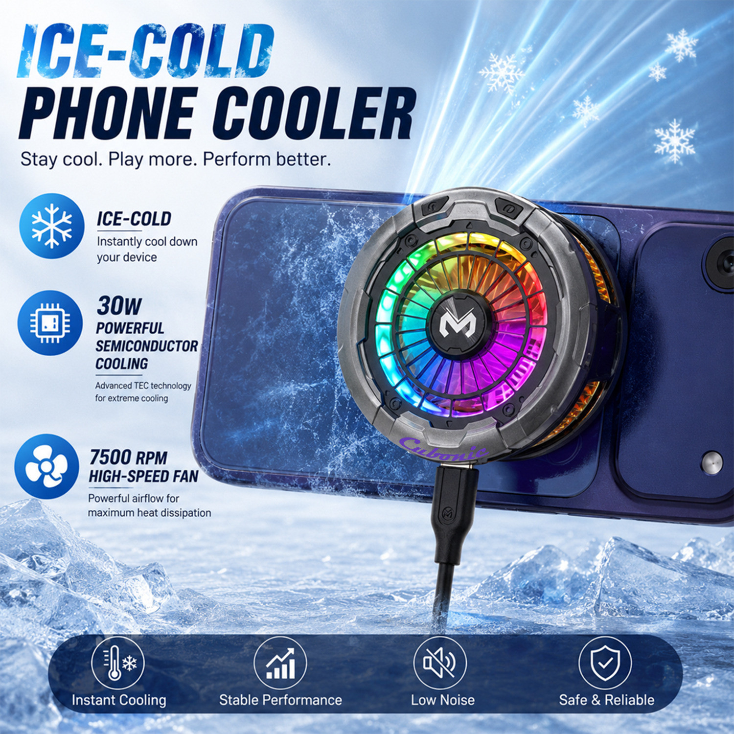 Image of Cubonic CX26 Ragnex 30W Mobile Cooler for Gaming|Quick Cleanl AI mode|USB Type C |100 Level Speed| Ice Cooling | RGB Light | Magnetic & Clip Mount USB Fan