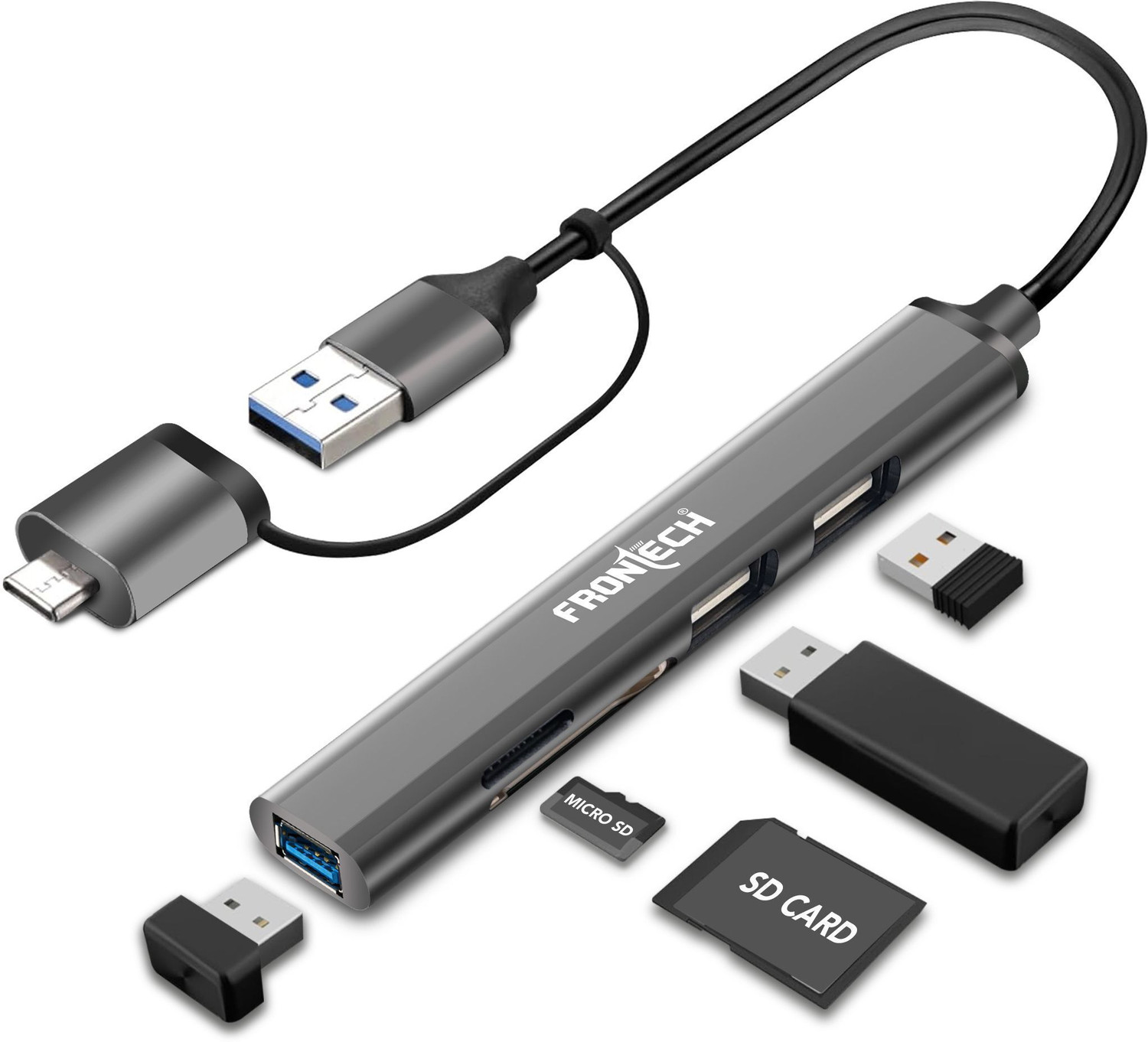 Image of Frontech 5-in-1 USB Hub 3.0| Dual Input Type-C /USB-A /SD /TF | 5Gbps Data Transfer NC-0040 Card Reader, USB Hub