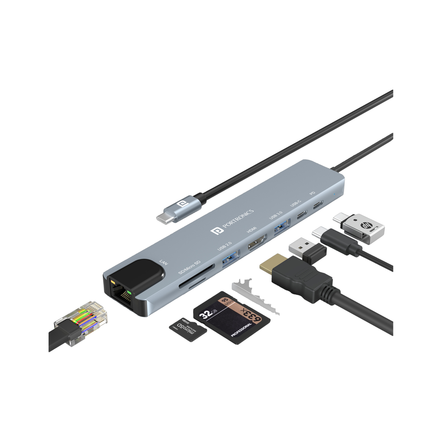 Portronics Mport 8 USB-C Hub, 8 Port, HDMI, Ethernet, USB, Card - Image 1