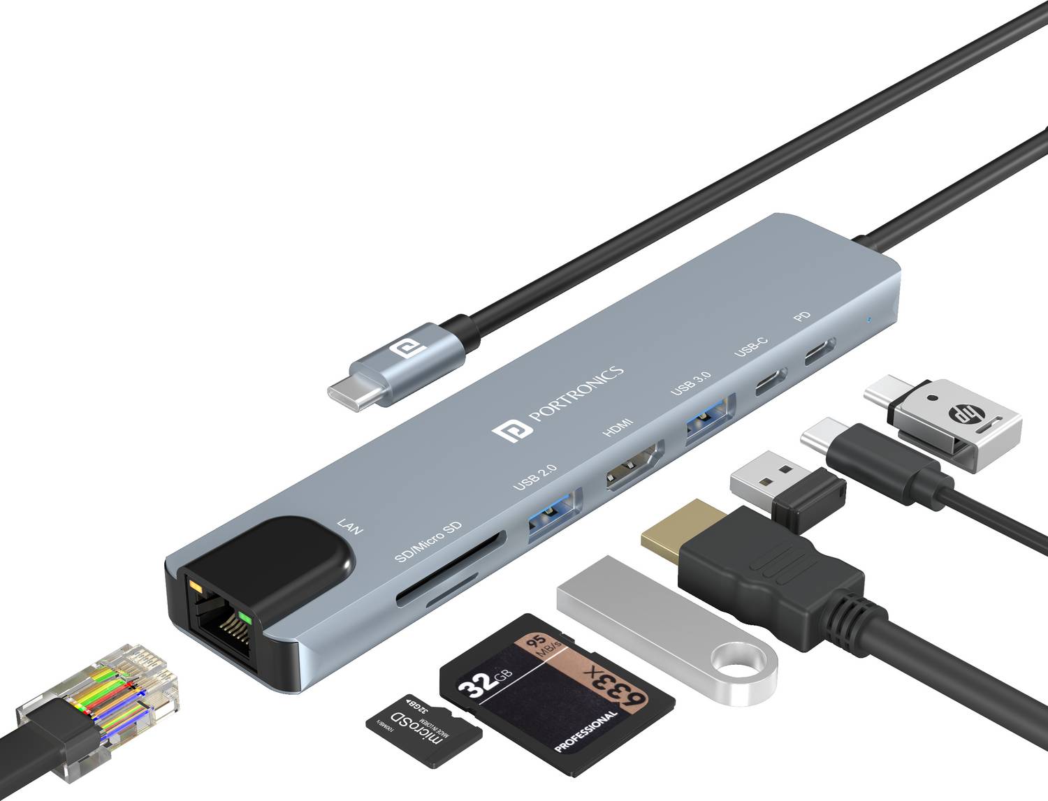 Portronics Mport 8 USB-C Hub, 8 Port, HDMI, Ethernet, USB, Card R
