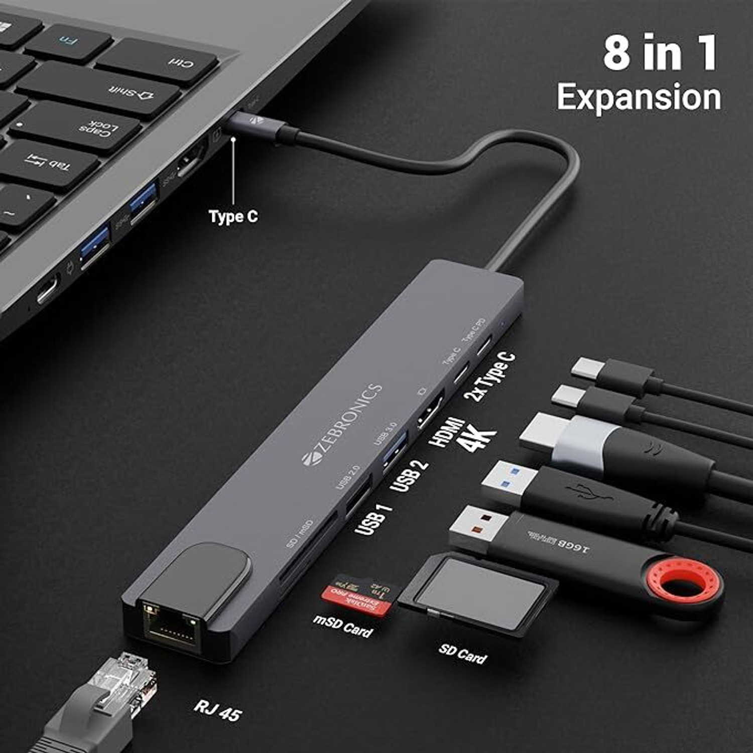 Image of ZEBRONICS Zeb CT81 TYPE C 8IN1 DOCKET HDMI Connector, Card Reader, Laptop Accessory, Led Light, USB Hub, USB LAN Card, USB Mouse