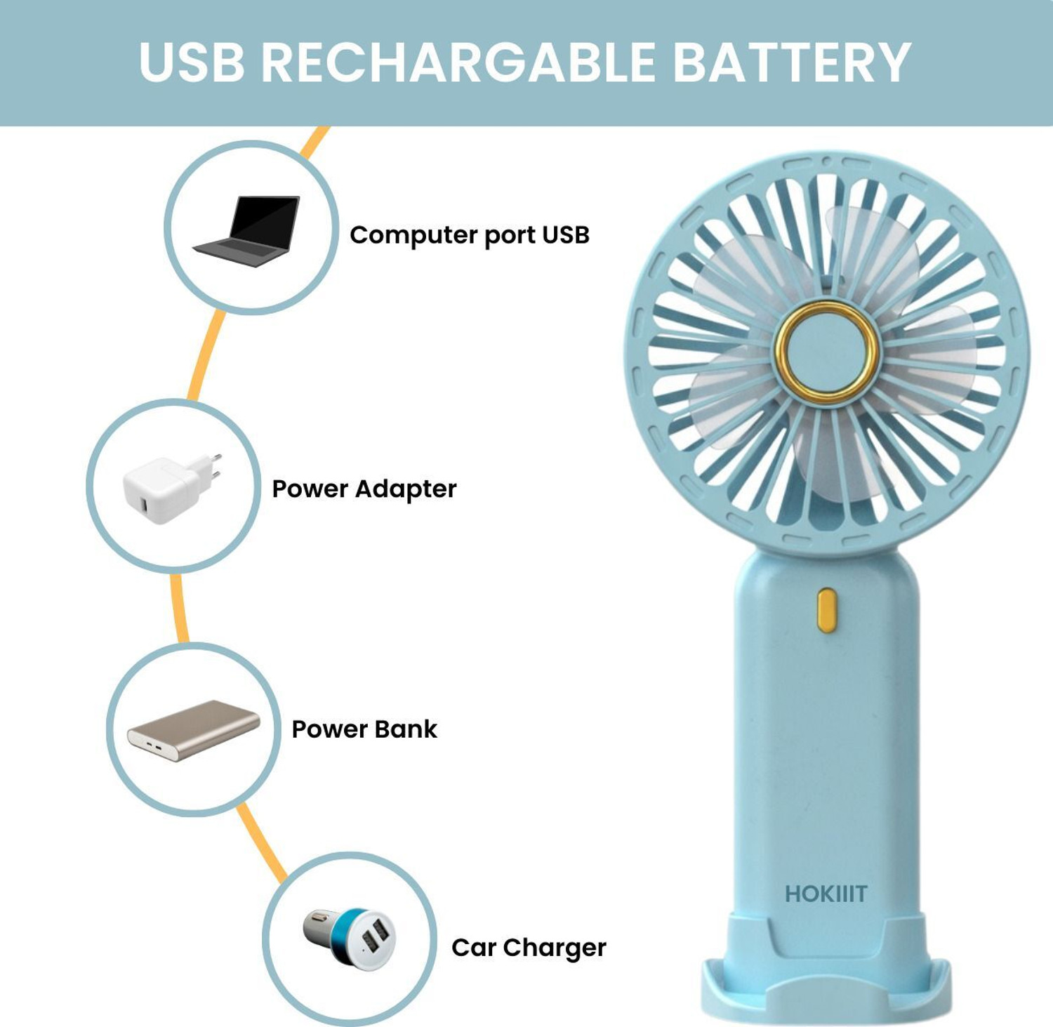 Image of Hokiit Hand Fan Rechargeable ,Mini Fan ,Small Fan Portable Mini Hand Fan with 3 Speed & 1200 mah battery USB Fan USB Fan