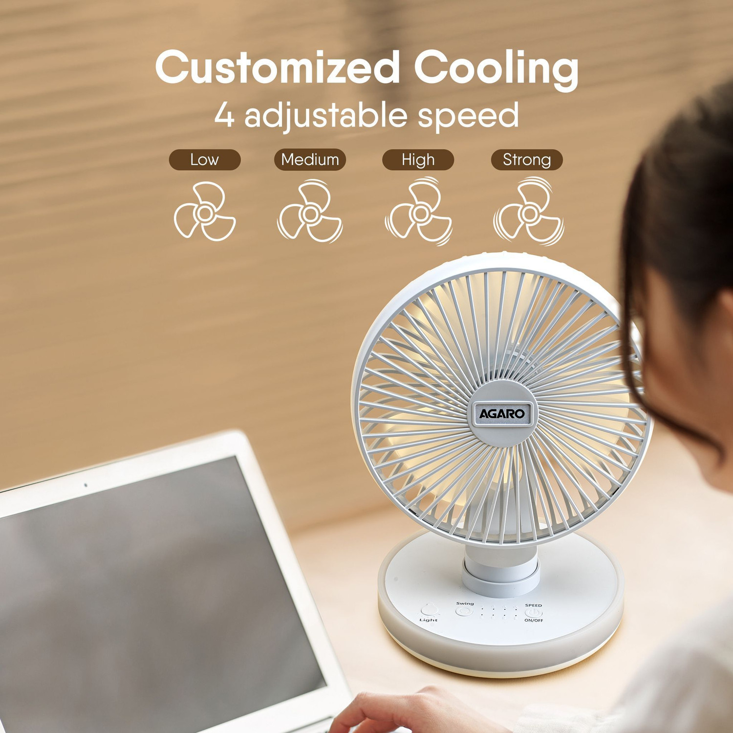 Image of AGARO Alpha Desktop Fan with Light, 4 Inches, 4 Speeds, Oscillating Table Fan, 34051 USB Fan
