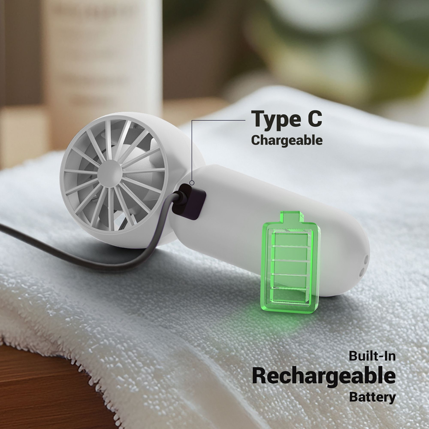 Image of ZEBRONICS Portable Hand, Upto 3h Backup,10500 RPM, Rechargeable Battery,5 Speed Modes ZEB-Heat Buster 100 White USB Fan
