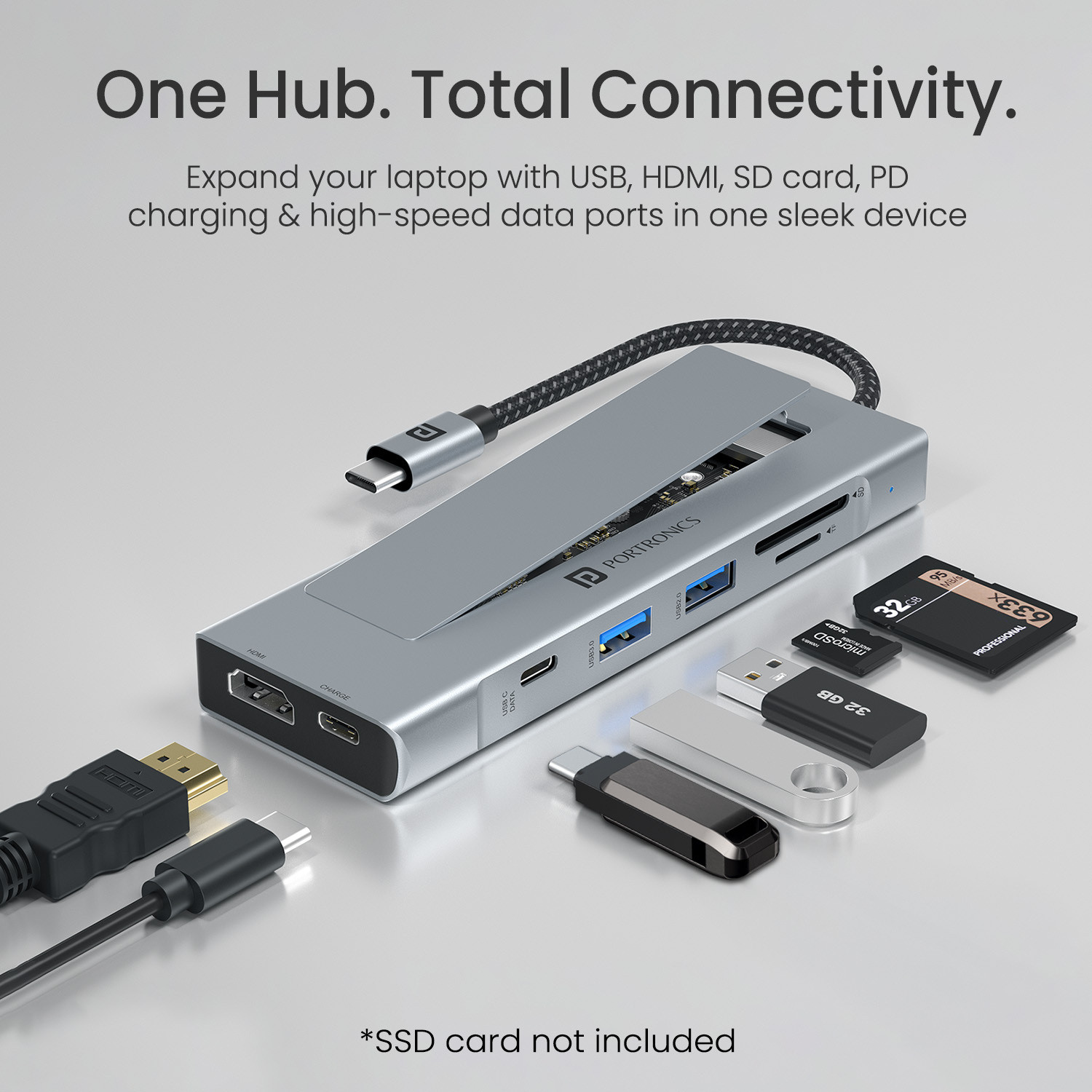 Image of Portronics Mport Space 8-in-1 Type-C Hub, Built-in M.2 SSD Slot, 100W PD Charging, 4K HDMI USB Hub
