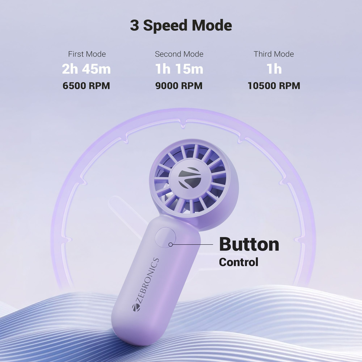 Image of ZEBRONICS Portable Hand, Upto 3h Backup,10500 RPM, Rechargeable Battery,5 Speed Modes ZEB-Heat Buster 100 Purple USB Fan