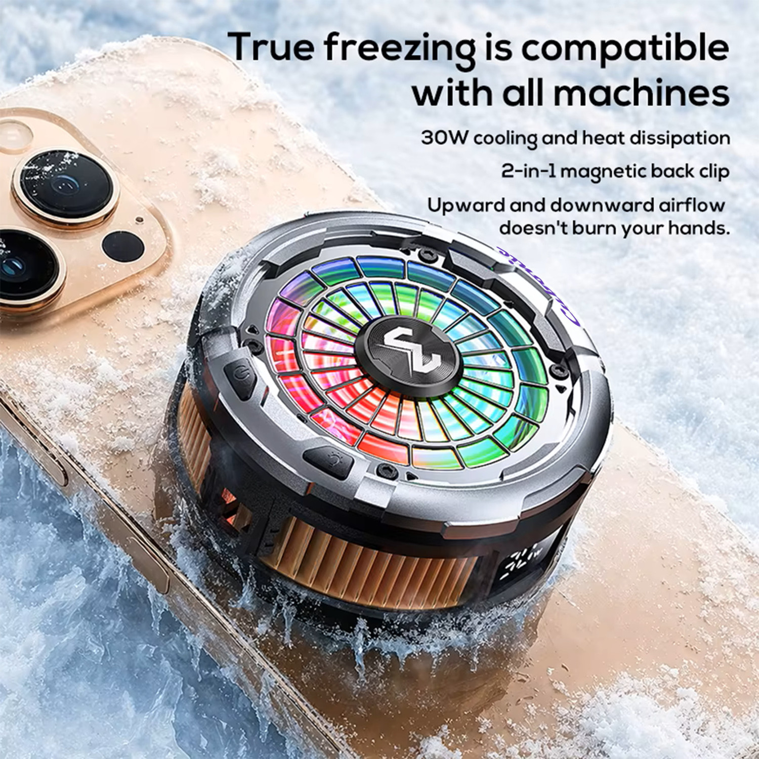 Image of Cubonic CX26 Ragnex 30W Mobile Cooler for Gaming|Quick Cleanl AI mode|USB Type C |100 Level Speed| Ice Cooling | RGB Light | Magnetic & Clip Mount USB Fan